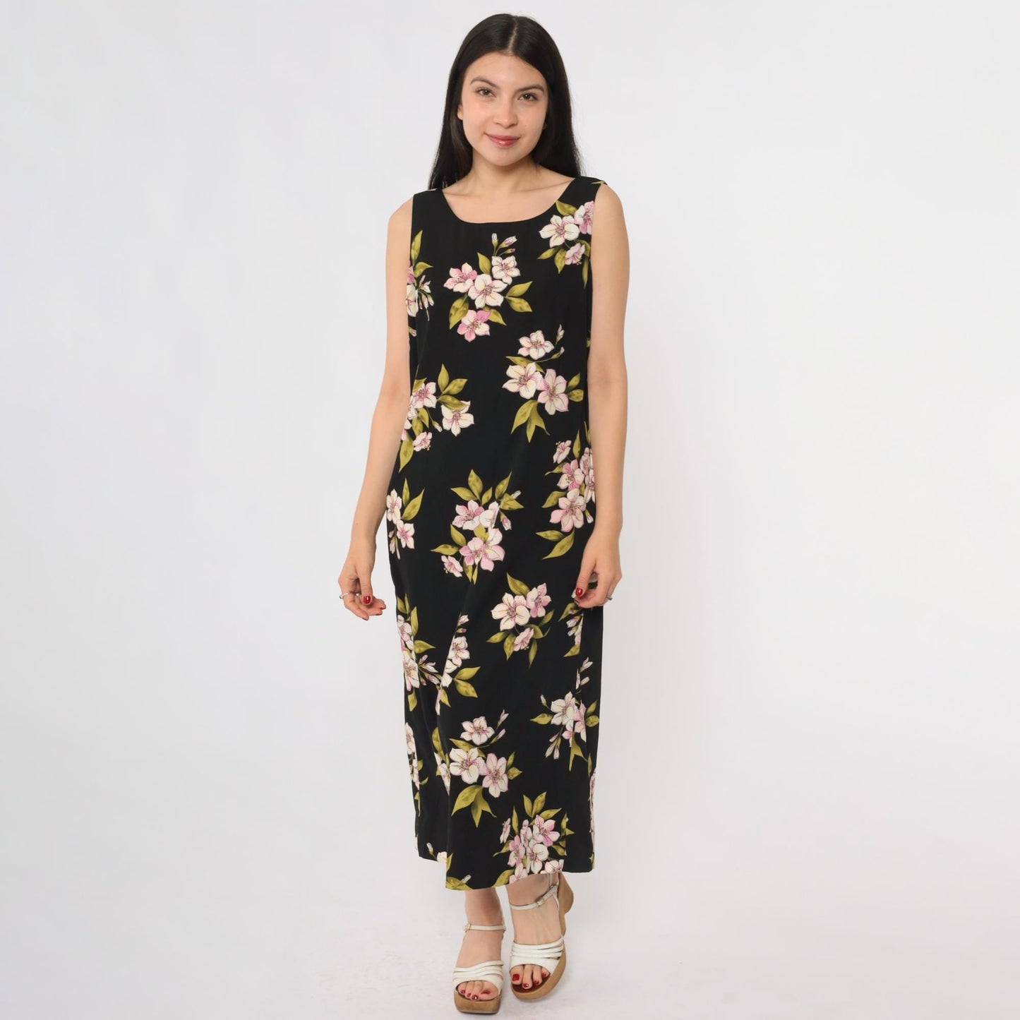 90s Studio 1 Petite Black Floral Midi Dress Lily Print Sleeveless Size 8P