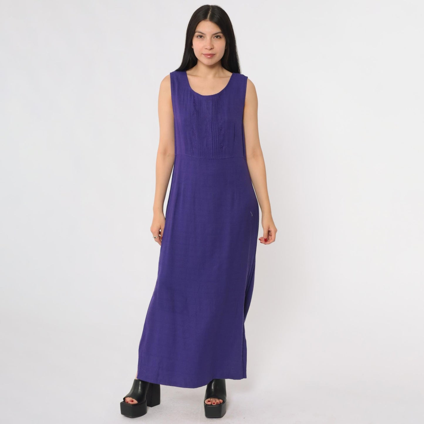 90s Karin Stevens Purple Maxi Dress Embroidered Sleeveless Large L