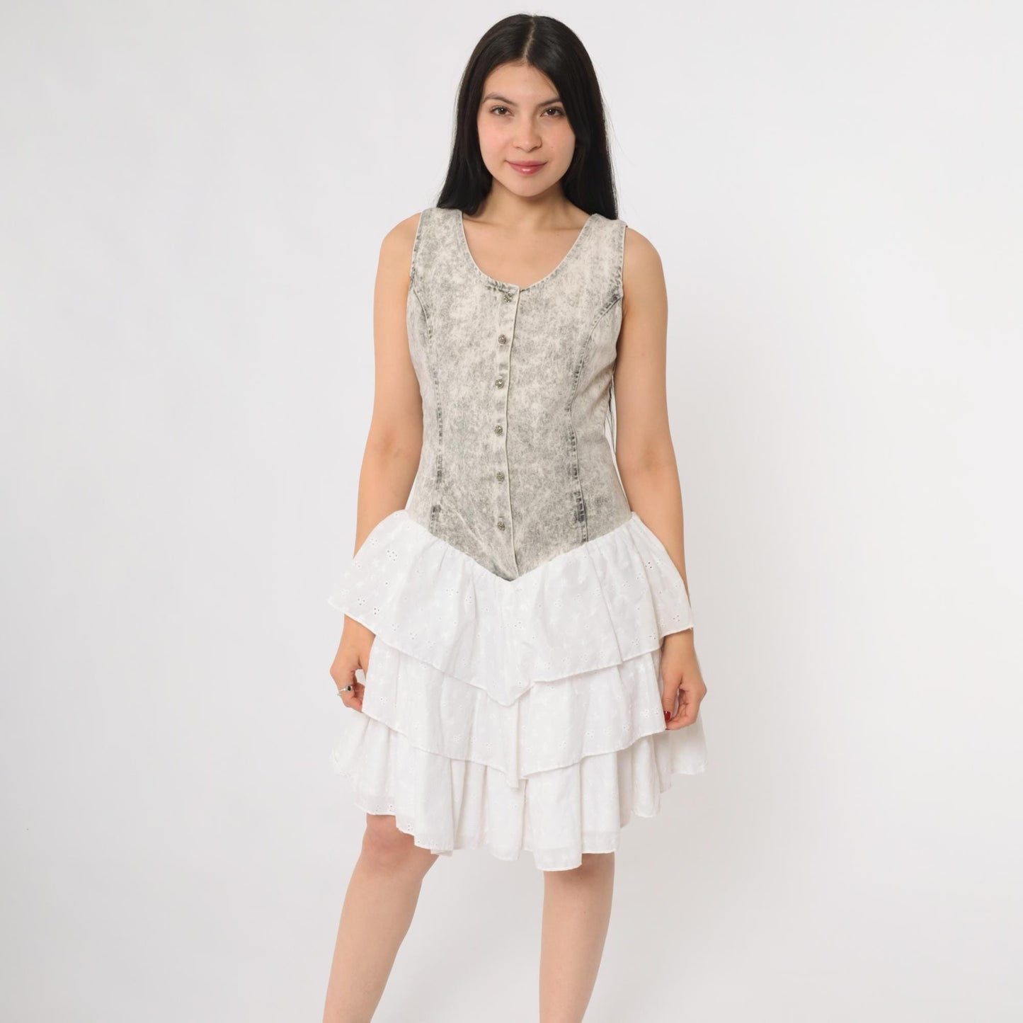 90s Acid Wash Basque Waist Mini Dress White Ruffle Button Front Small S