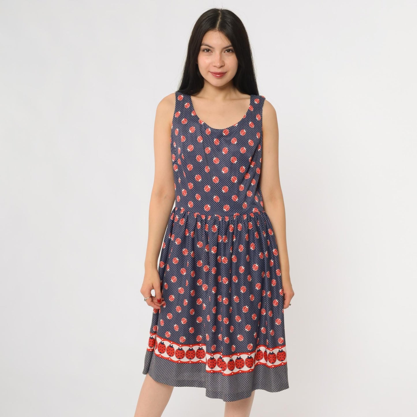 60s Navy Ladybug Polka Dot A-Line Dress Sleeveless Scoop Neck Medium