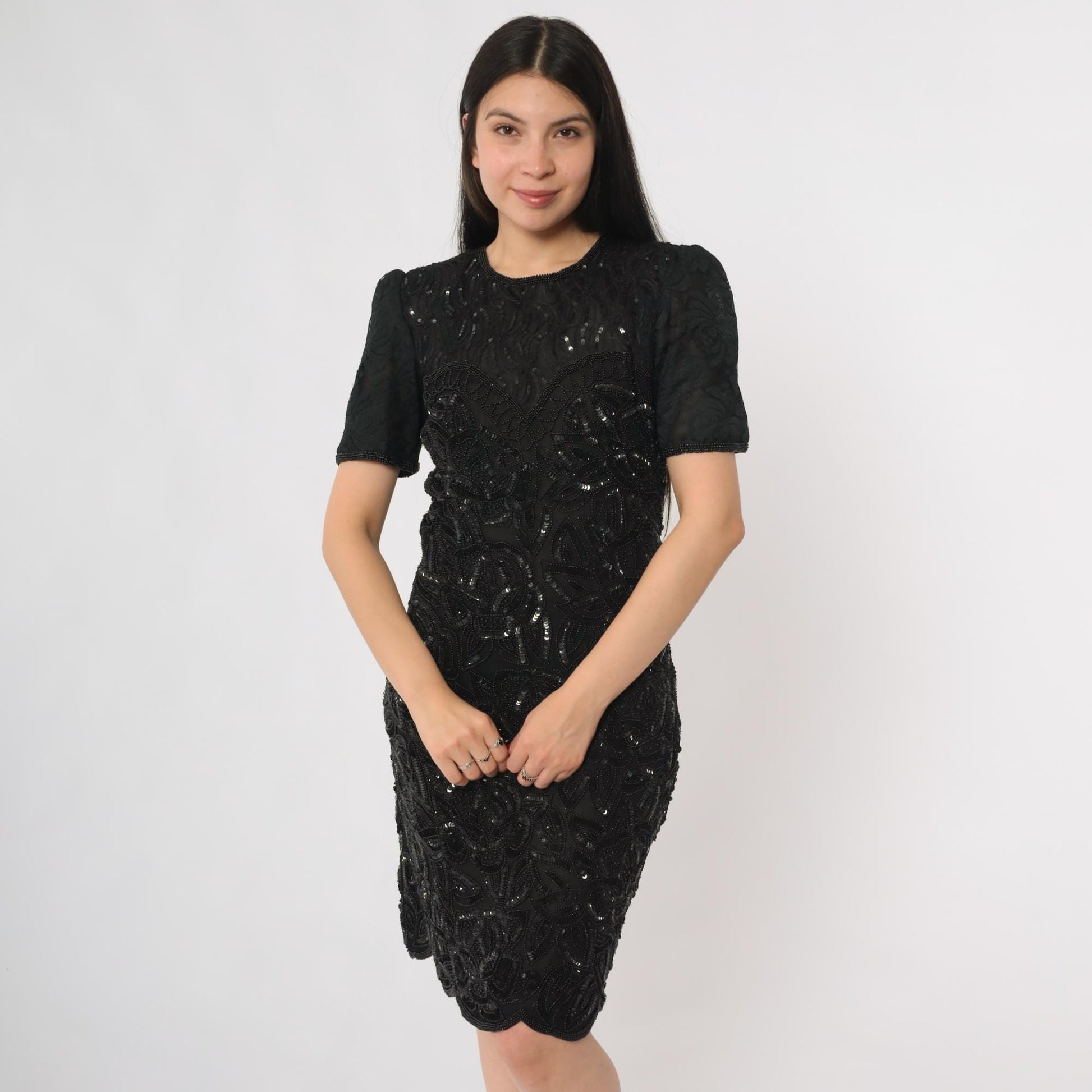 90s Silky Nites New York Black Silk Sequin Beaded Cocktail Dress Small