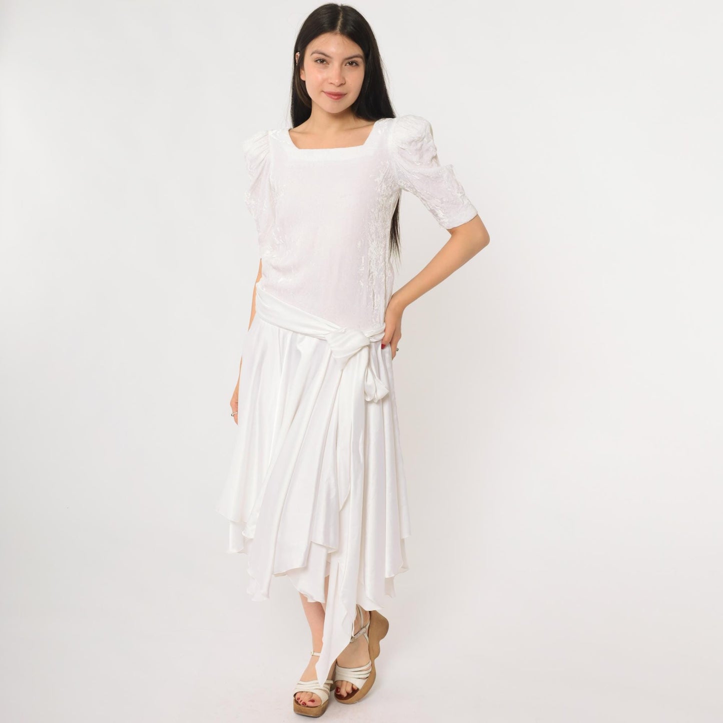 80s White Puff Sleeve Dress Square Neck Wrap Bodice Handkerchief Hem Extra Small XS