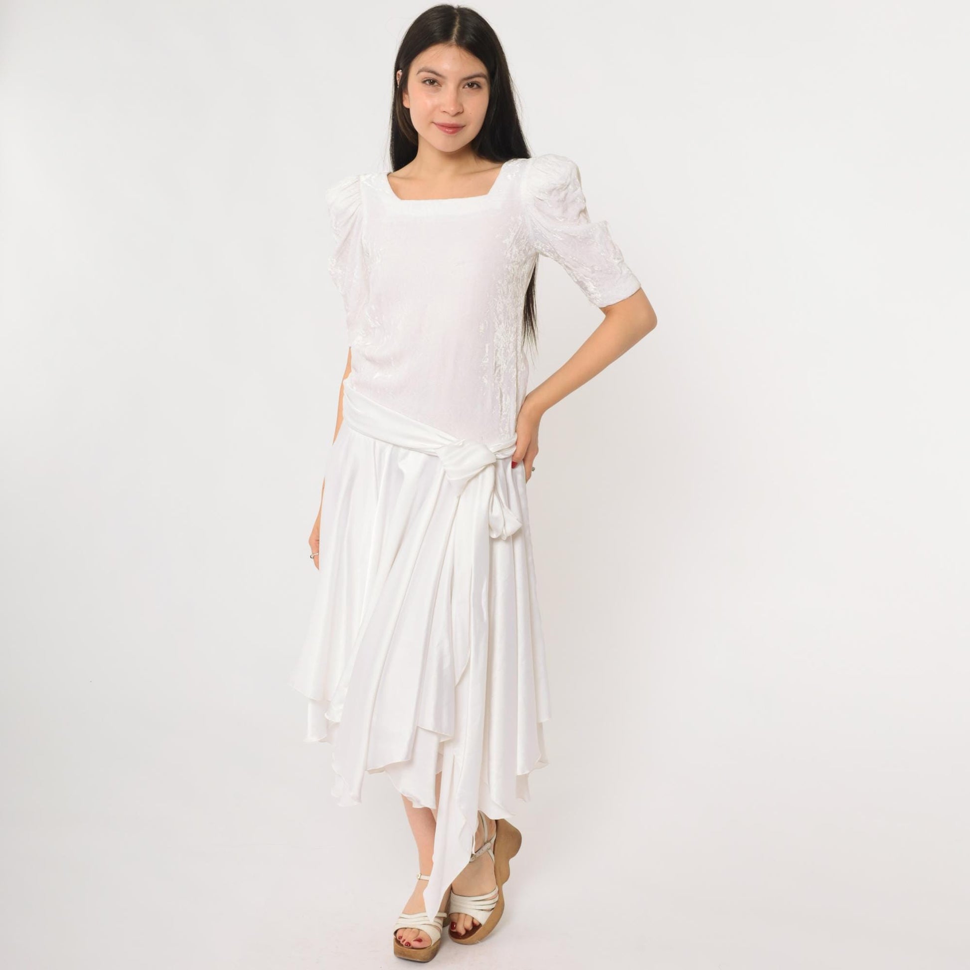 80s White Puff Sleeve Dress Square Neck Wrap Bodice Handkerchief Hem Extra Small XS