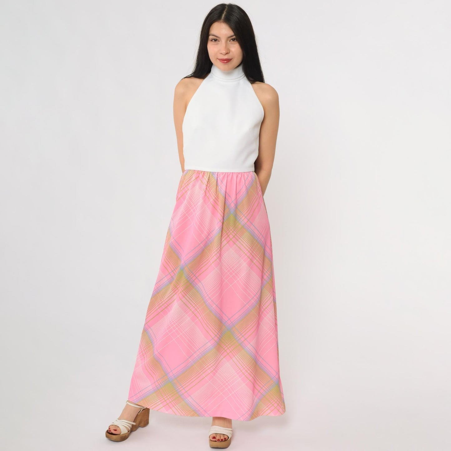 70s Colorblock Halter Maxi Dress Pink Plaid Turtleneck Open Back Small
