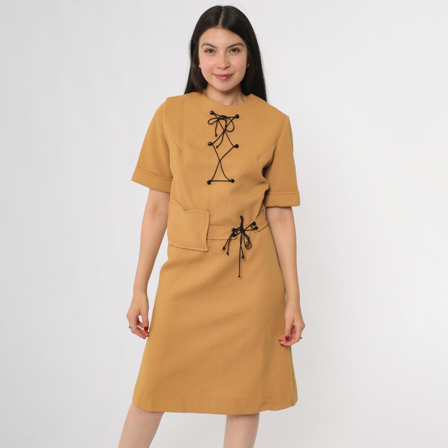 70s Mod Shift Dress Camel Brown Knee Length Lace-Up Detail Medium M