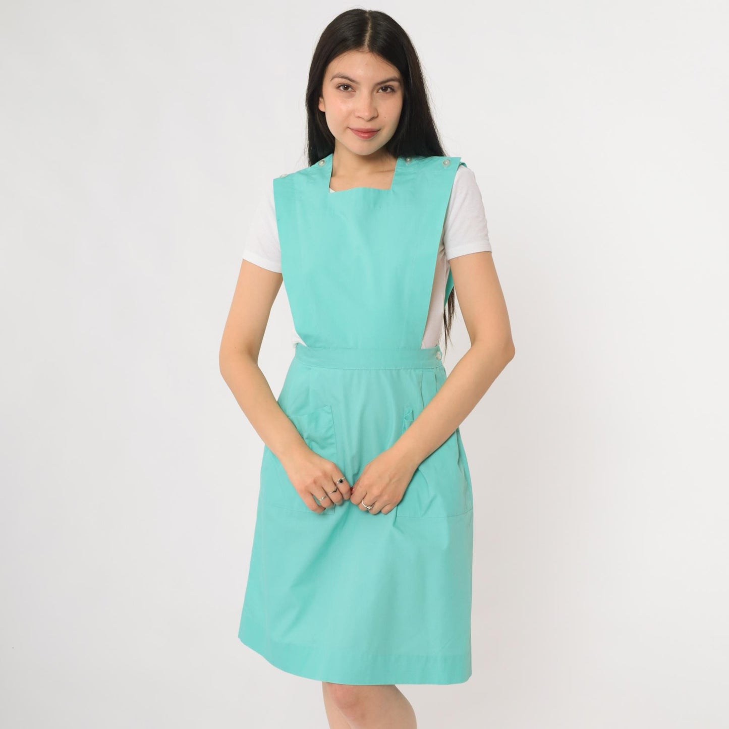 80s Turquoise Pinafore Apron Dress Square Neck Buttoned Straps Knee Length Small