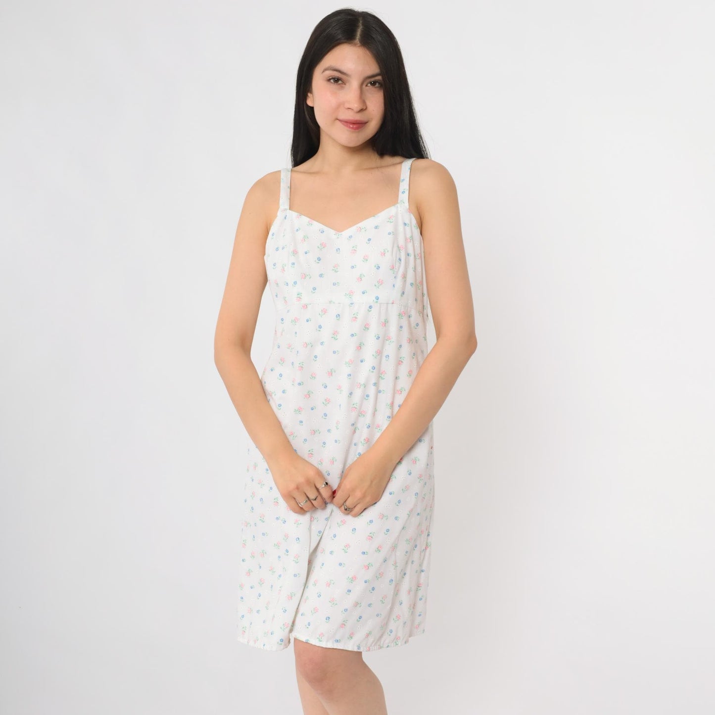 80s Floral Sundress White Pink Blue Cotton Sweetheart Neckline Small