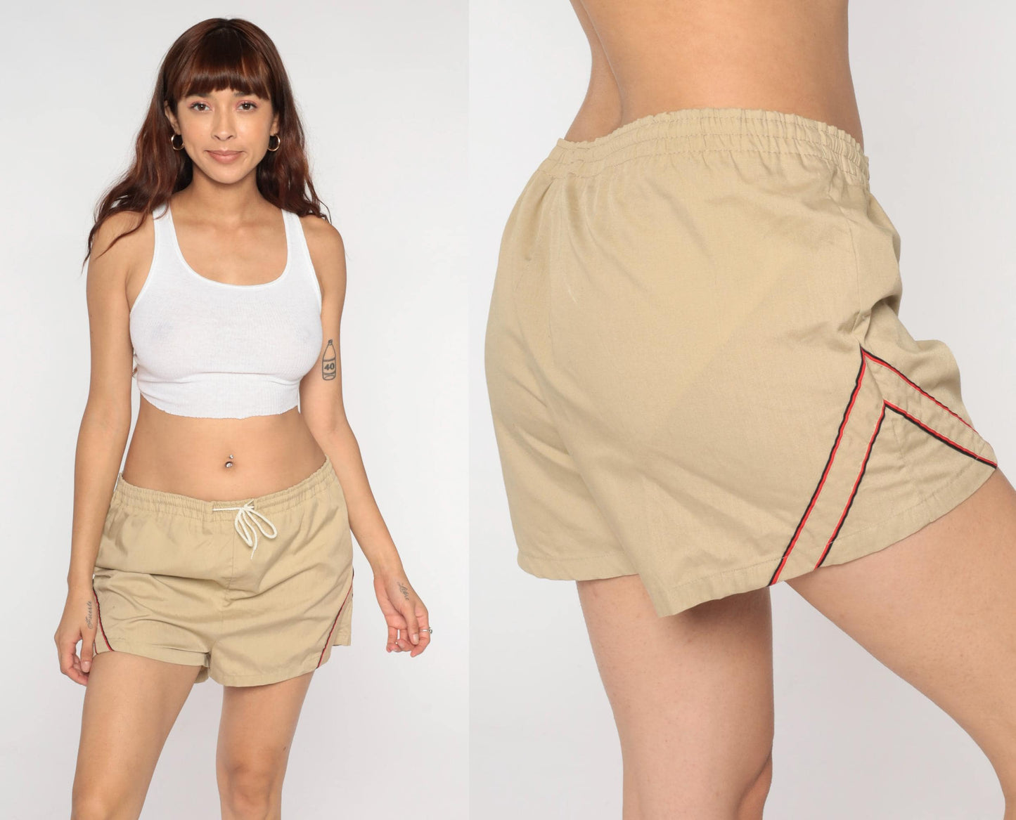 80s Tan Swim Shorts Red Trim Athletic Drawstring Cotton Nylon Medium