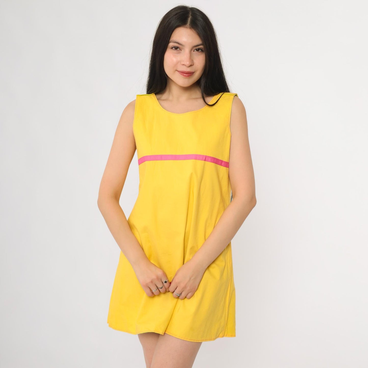 70s Reversible Mod Mini Dress Yellow Pink Green Colorblock A-Line Small
