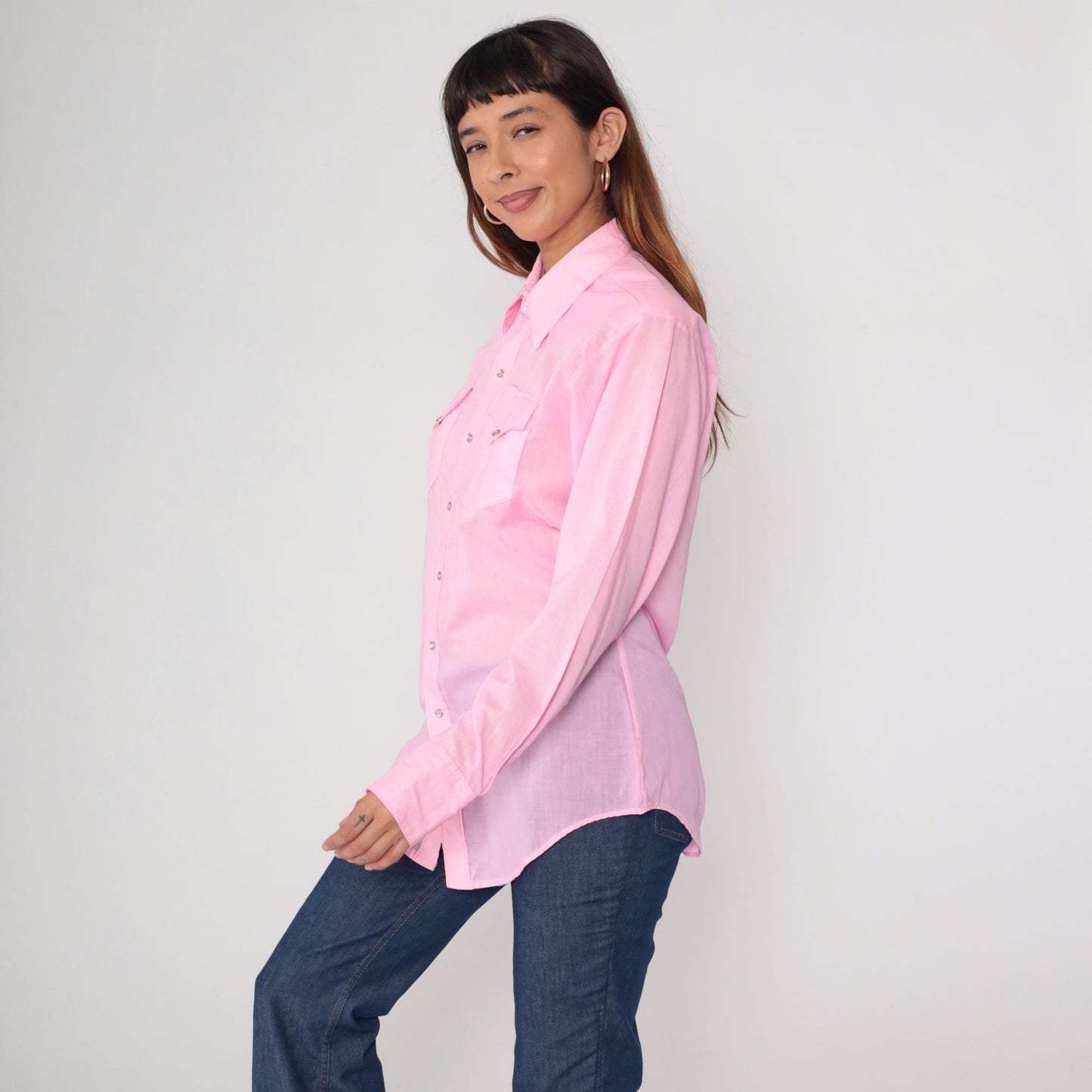 70s Rockmount Ranch Wear Pearl Snap Western Shirt Baby Pink Dagger Collar Medium