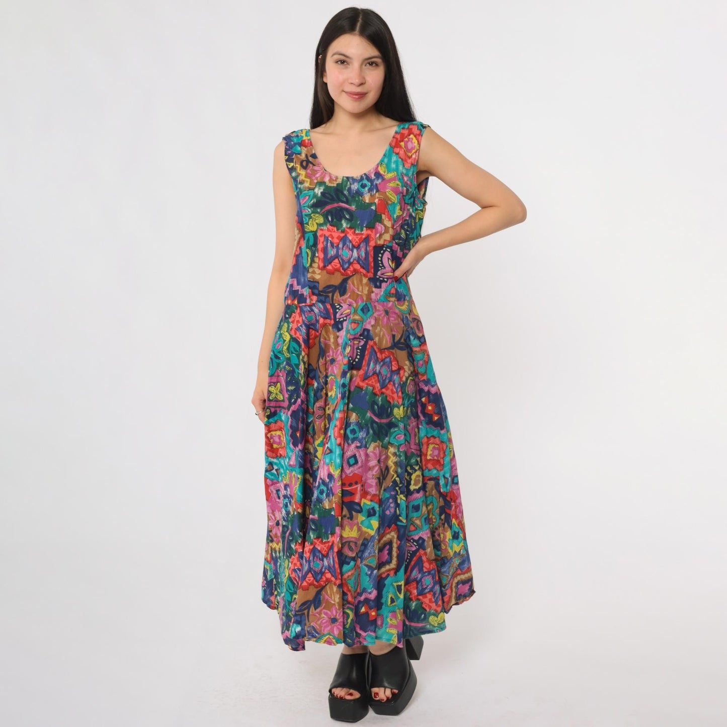 90s Phool Patchwork Maxi Dress Sleeveless Scoop Neck Abstract Print Cotton Medium M