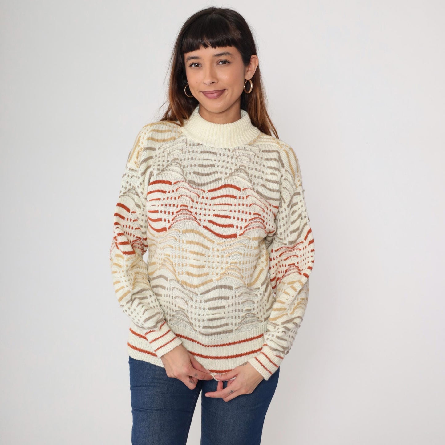 80s Cream Wave Pattern Turtleneck Sweater Red Tan Chunky Knit Small S