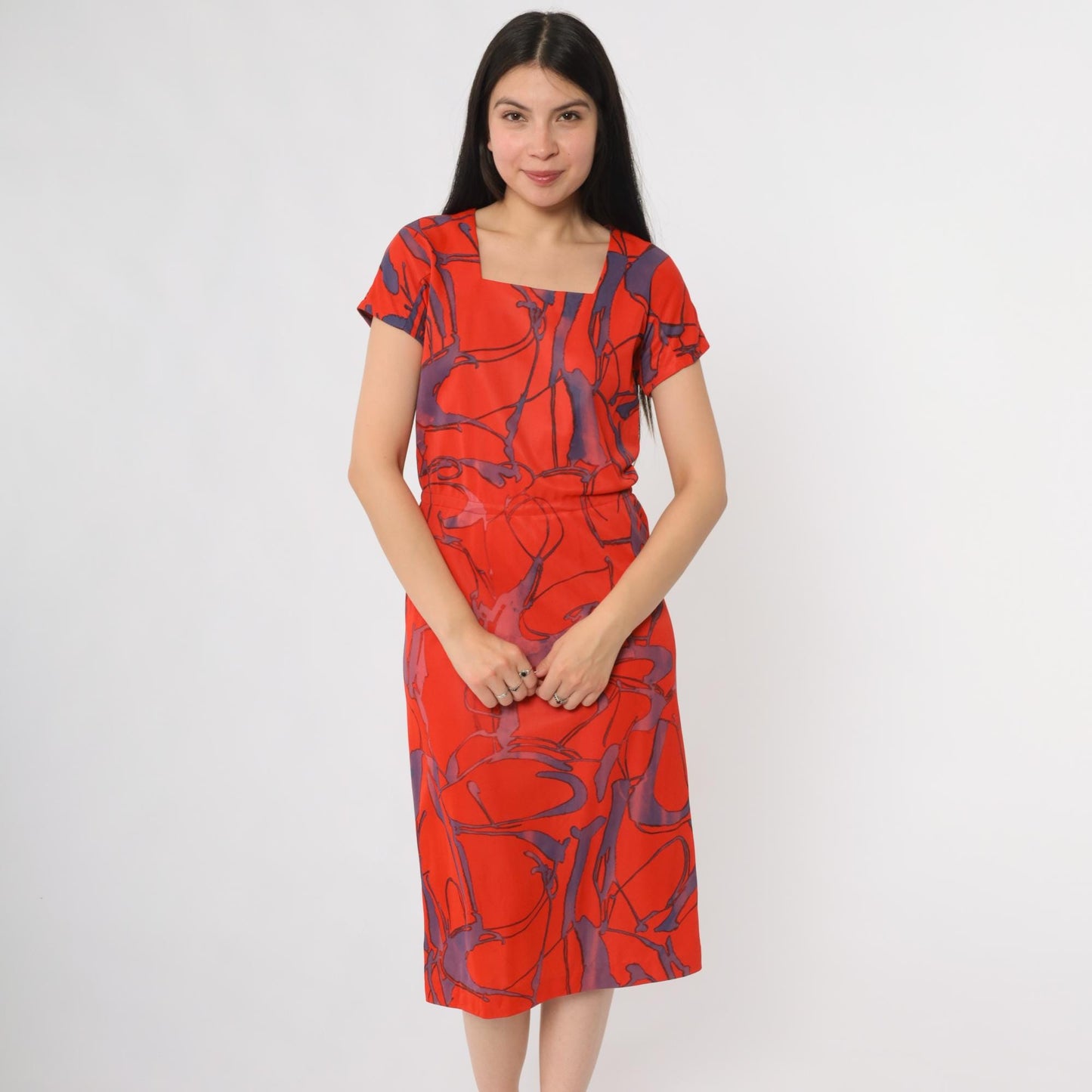 60s Abstract Geometric Dress Red Purple Square Neck A-Line Small