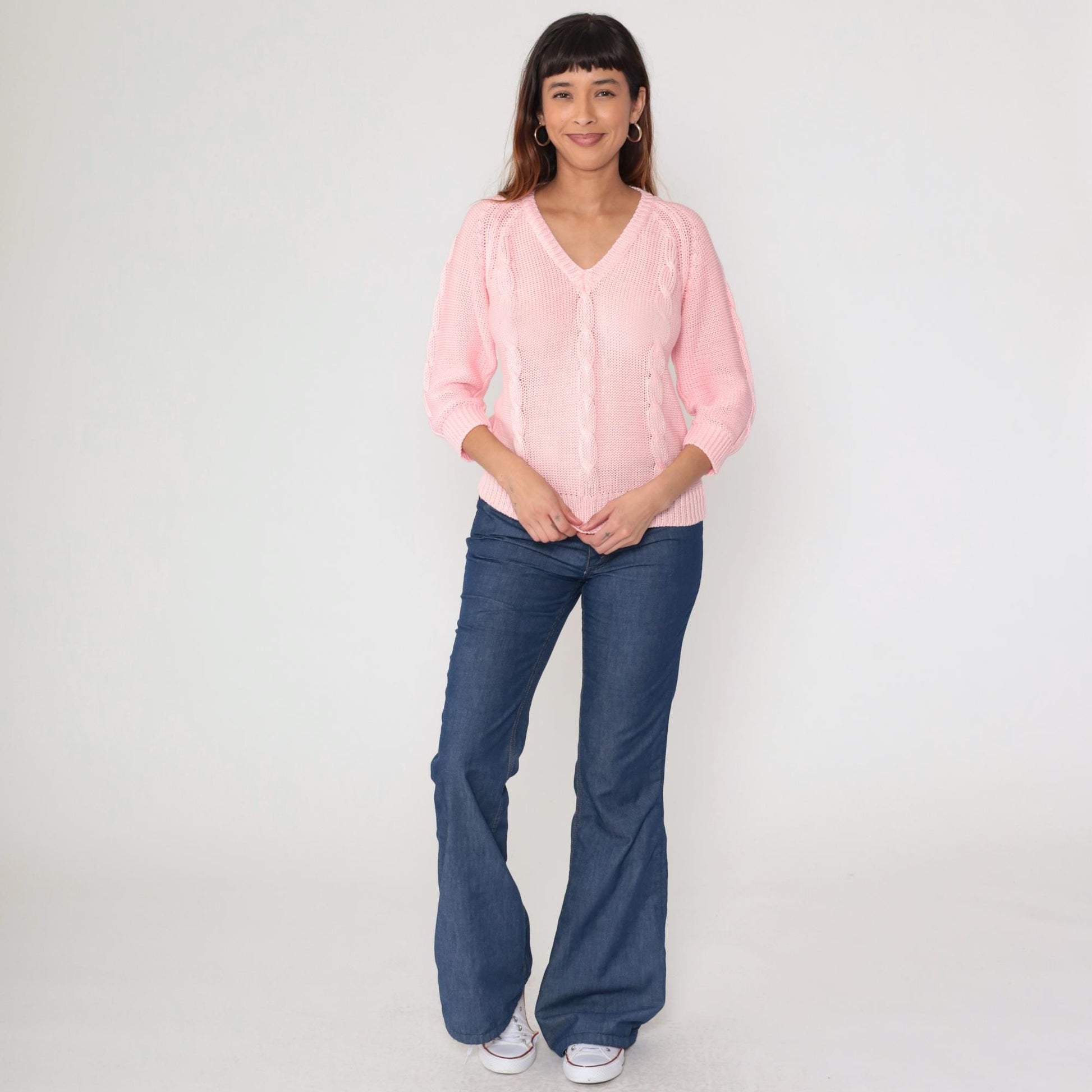 80s Pink Cable Knit V-Neck Pullover Sweater Medium