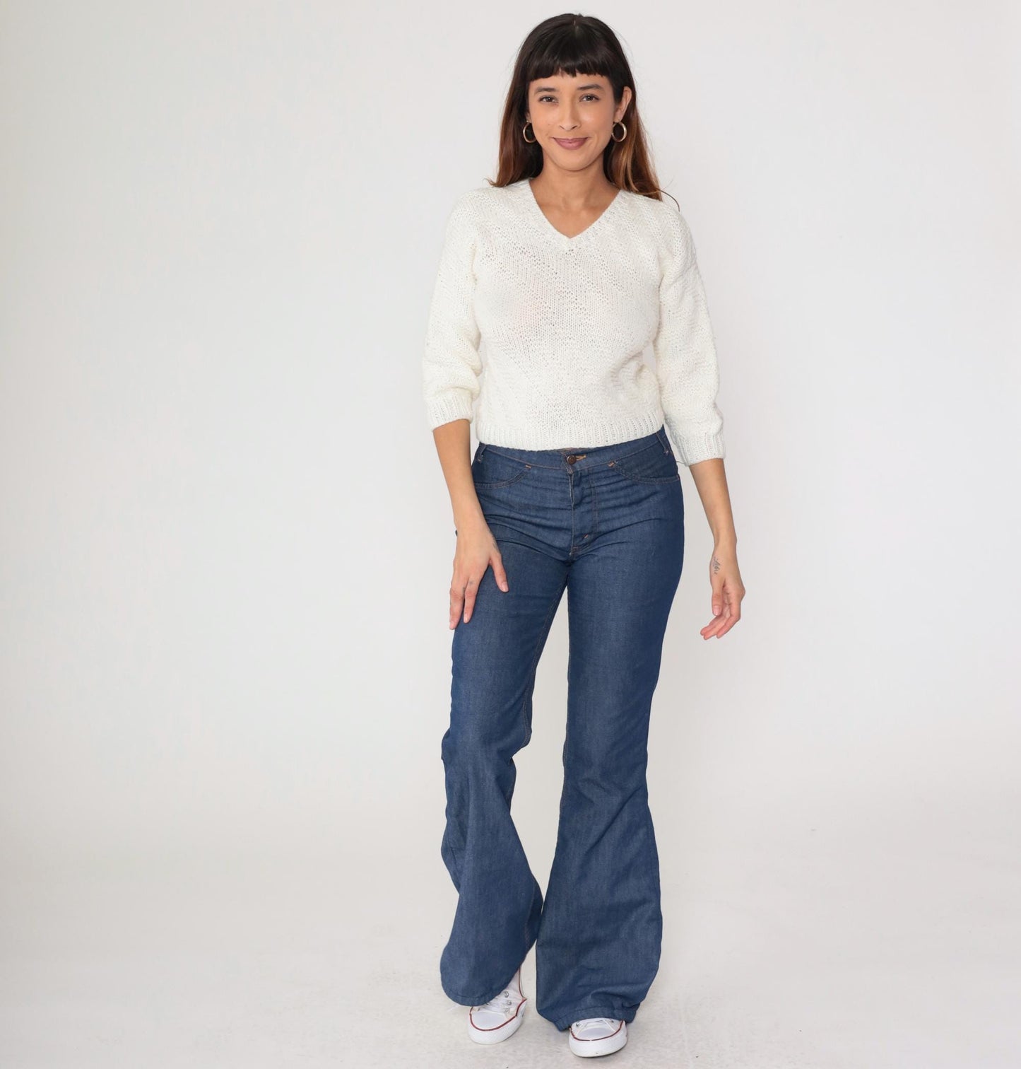 80s Cream V-Neck Cropped Sweater Three-Quarter Sleeve Knit Extra Small XS