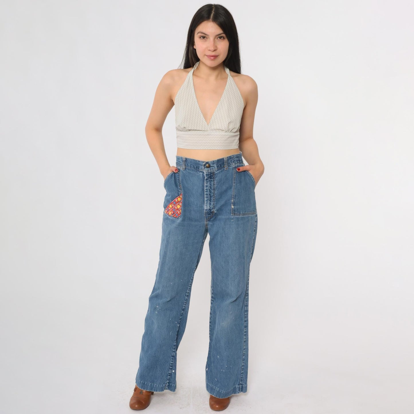 70s Rumble Seats Wilkins Patchwork Jeans High Waisted Wide Leg Medium Blue Medium
