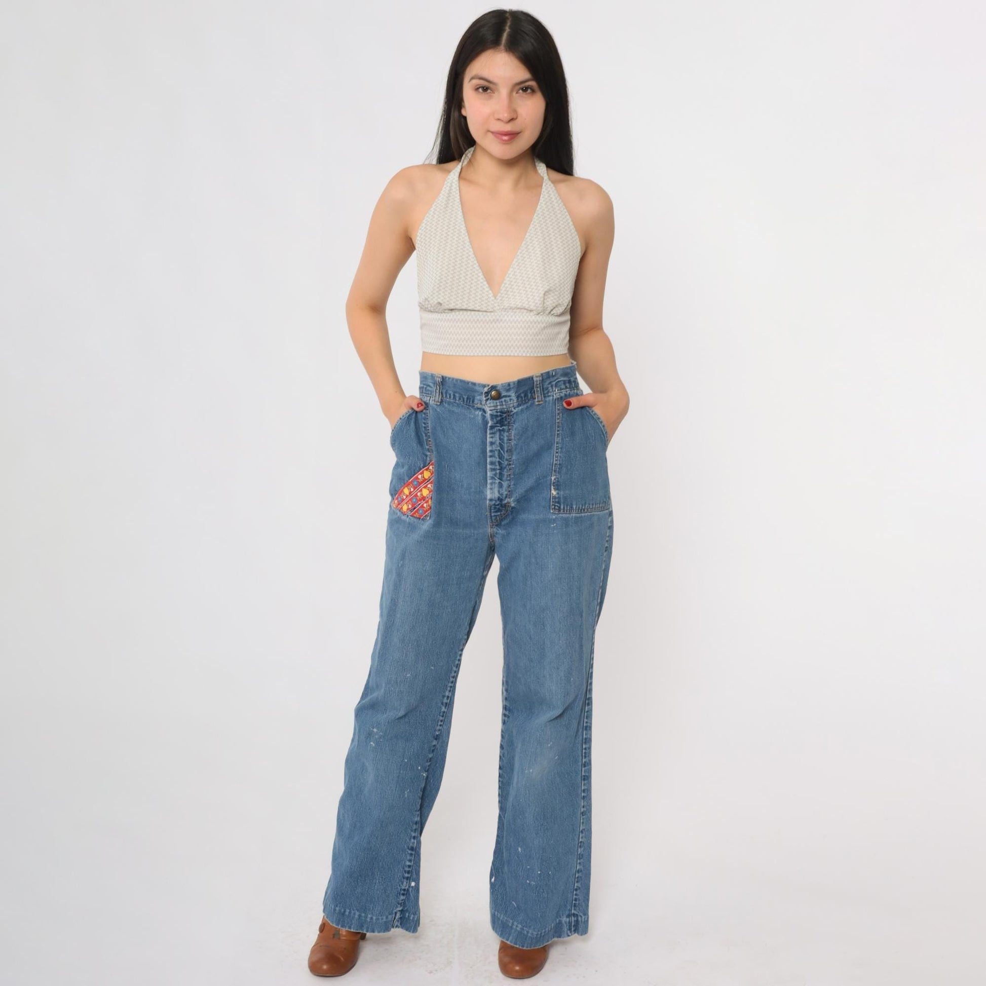 70s Rumble Seats Wilkins Patchwork Jeans High Waisted Wide Leg Medium Blue Medium