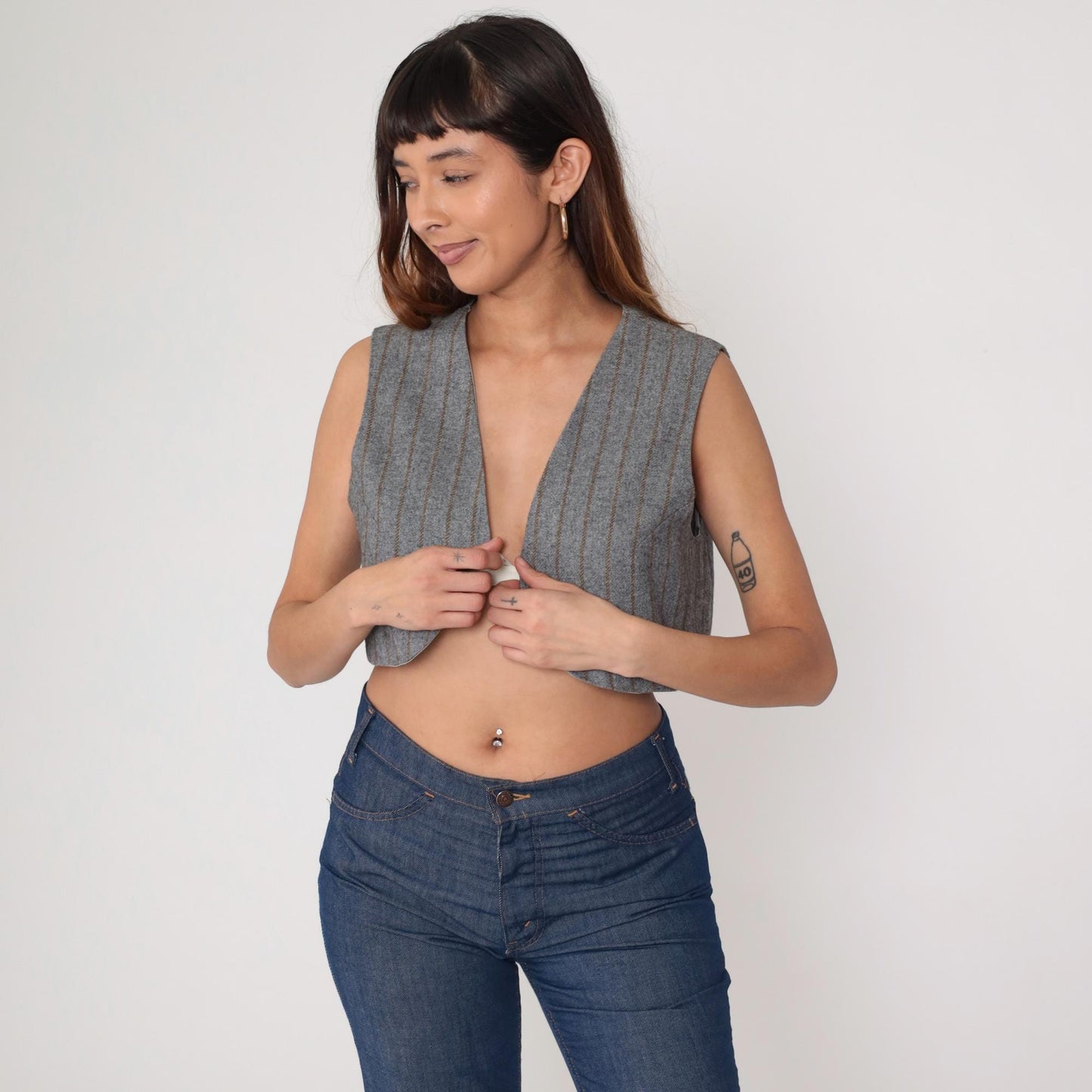 80s Grey Pinstripe Cropped Vest Open Front Sleeveless Small S
