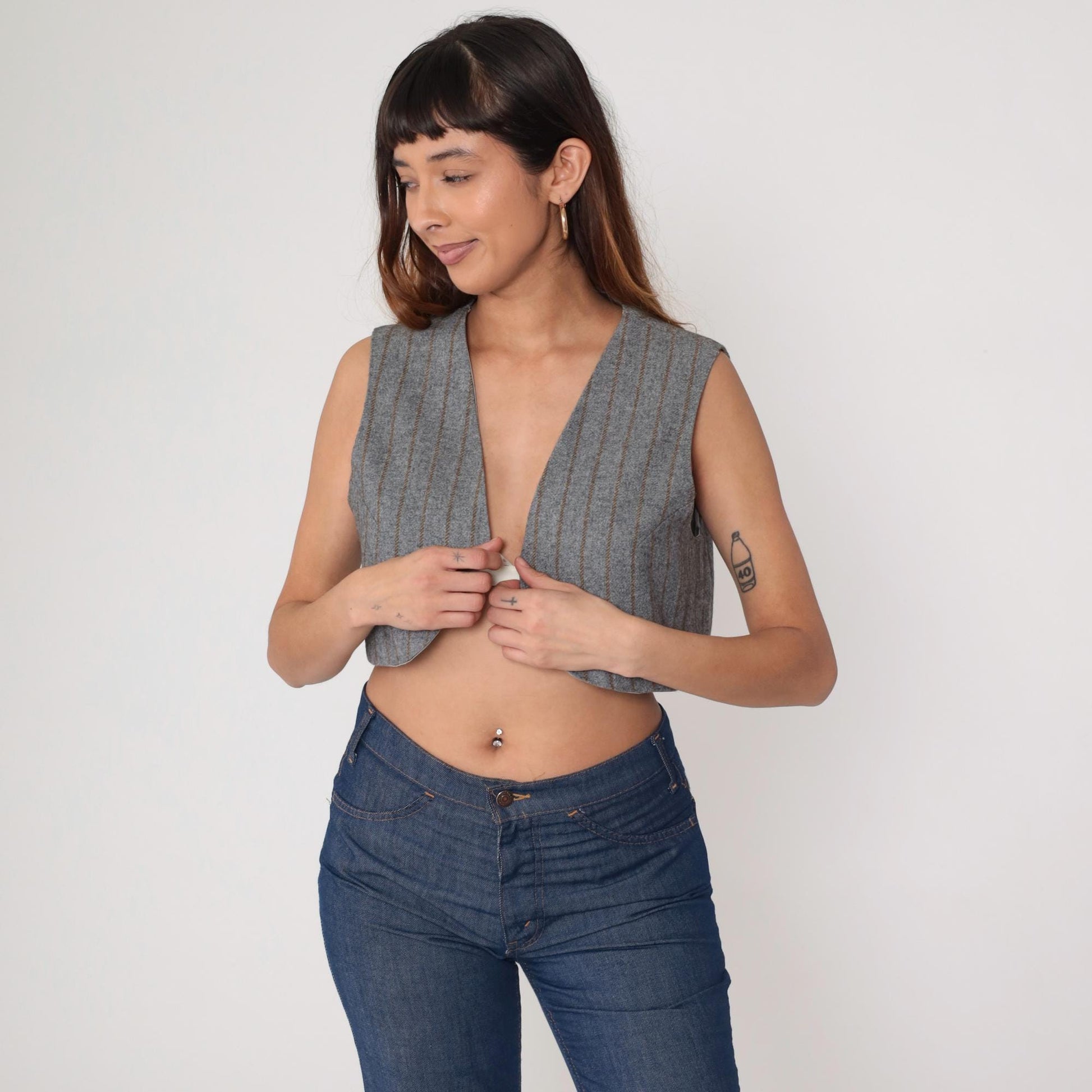 80s Grey Pinstripe Cropped Vest Open Front Sleeveless Small S