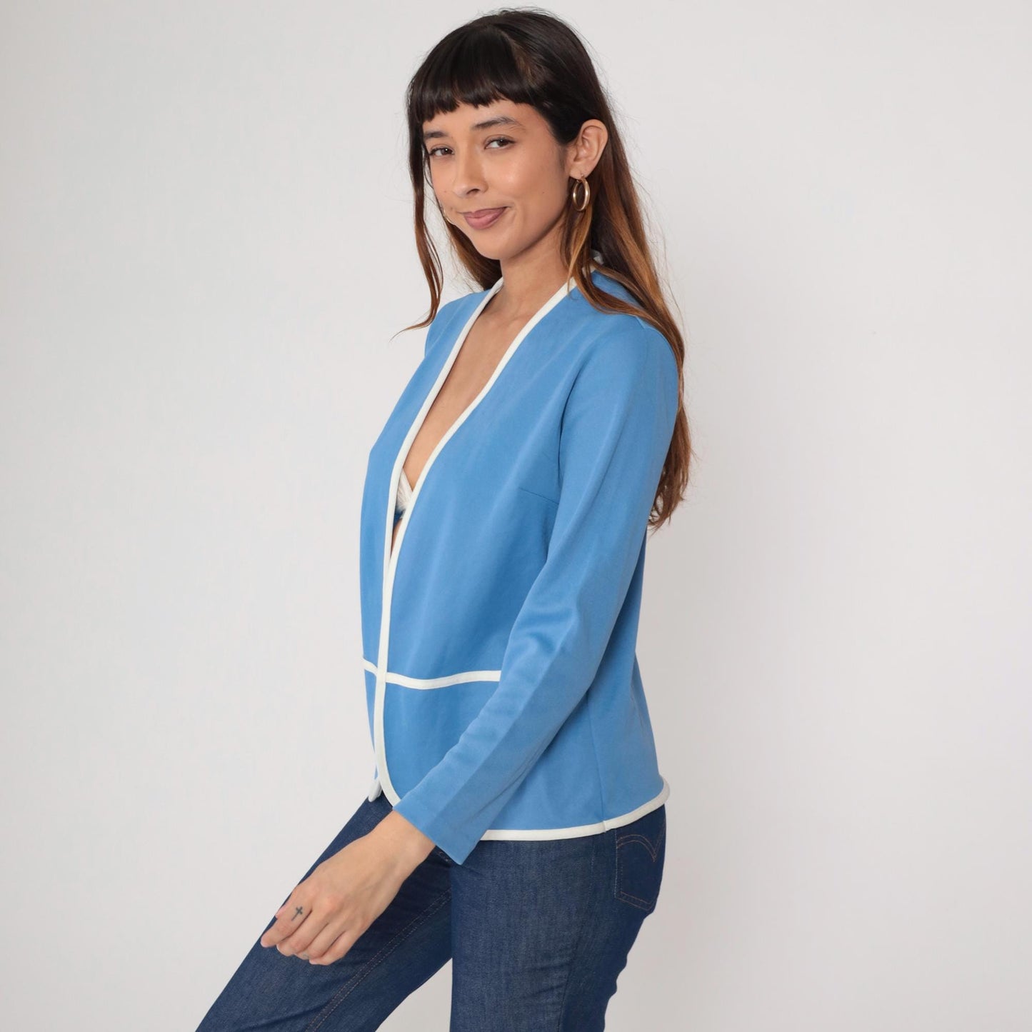 70s Lady Blair Blue Jacket White Piping Open Front Long Sleeve Medium