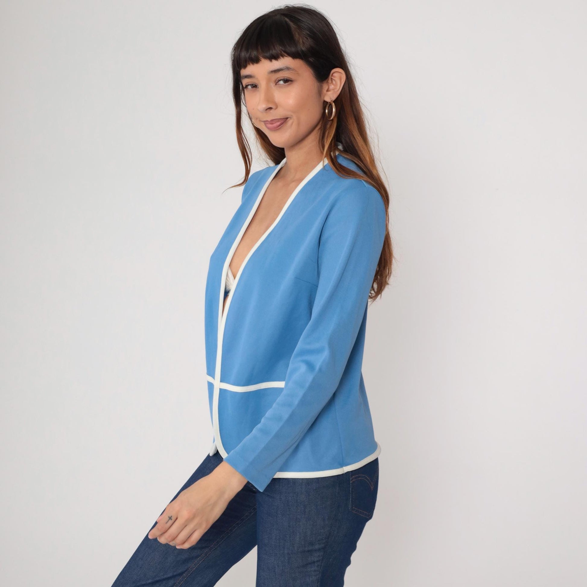 70s Lady Blair Blue Jacket White Piping Open Front Long Sleeve Medium