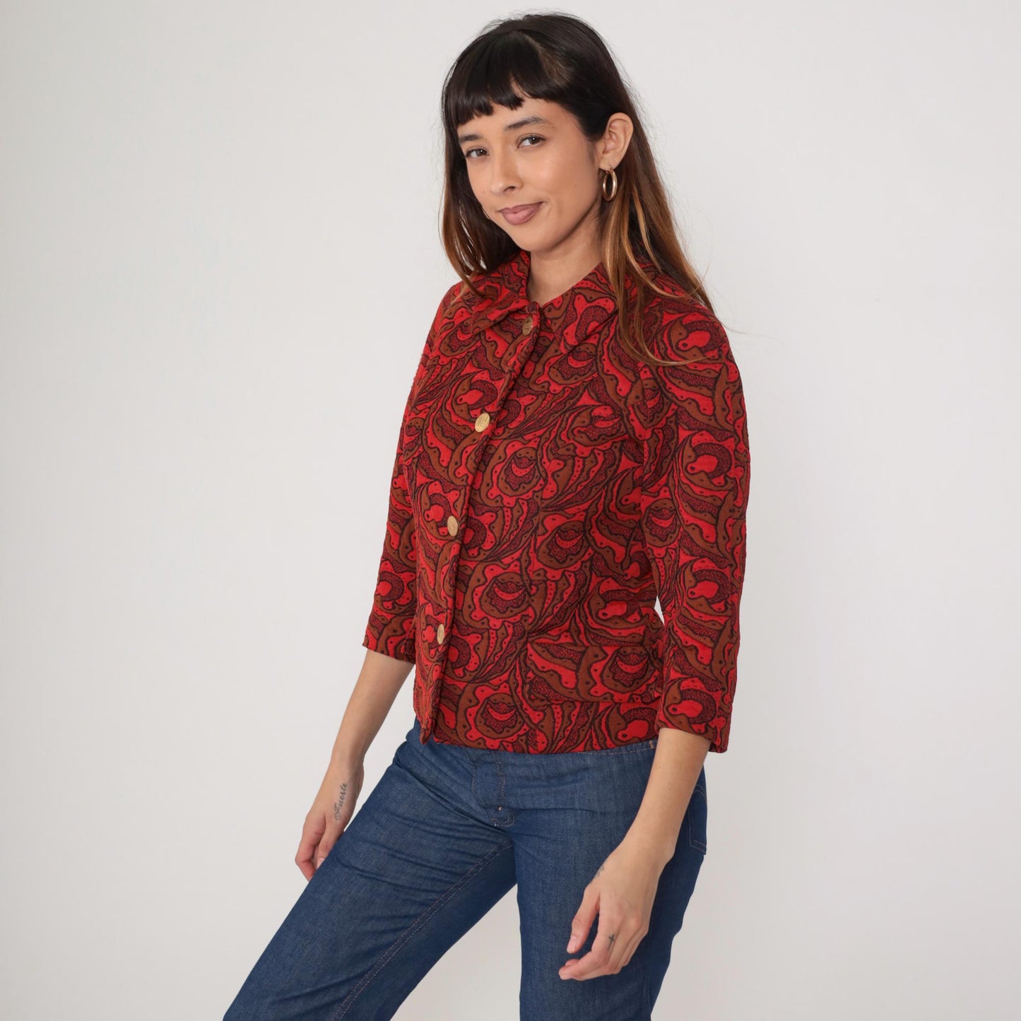 70s Lincoln Center Paisley Print Jacket Red Brown Button Front Medium