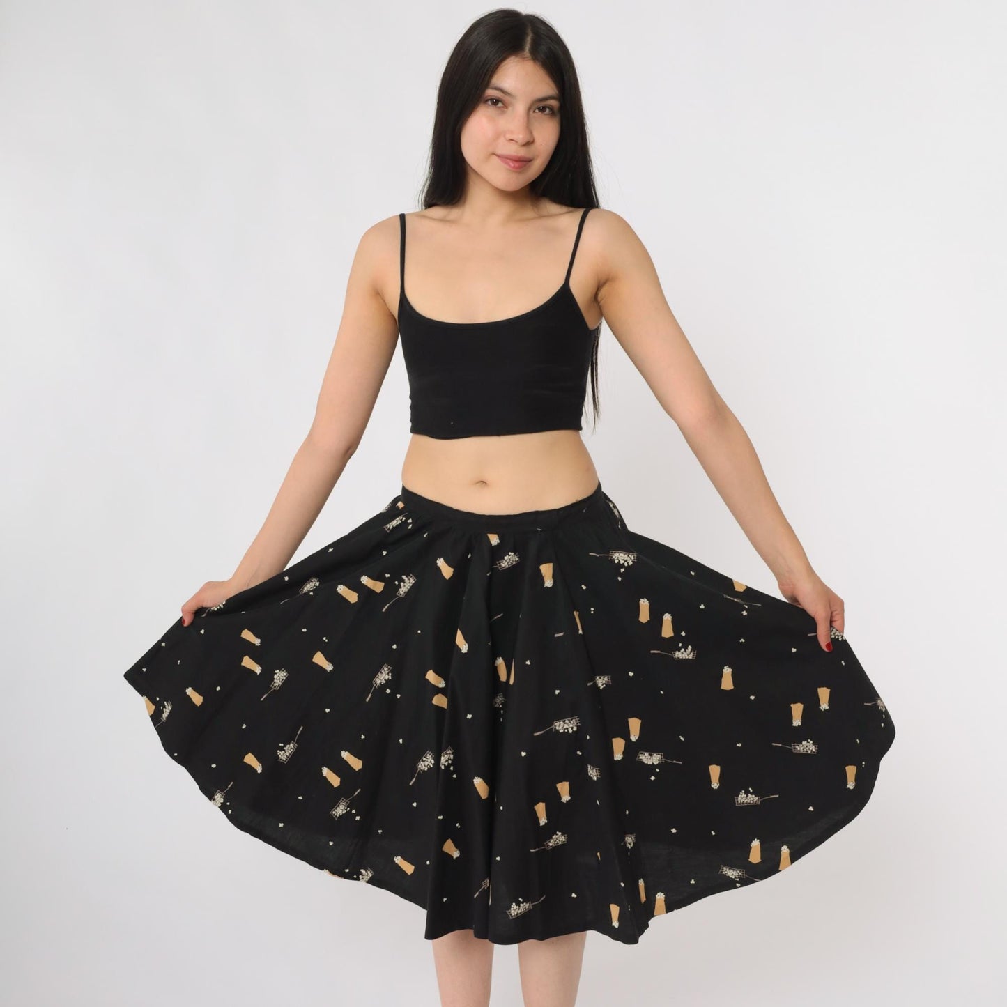 60s Popcorn Print A-Line Skirt Black Novelty Knee Length High Waist Medium