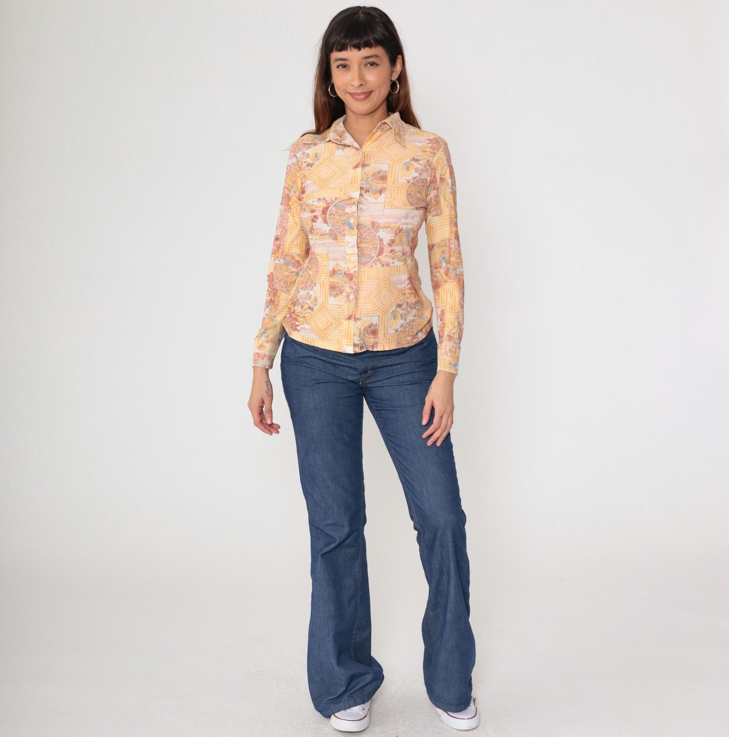 70s Scenic Toile Button-Up Shirt Orange Pink Pastoral Print Small S