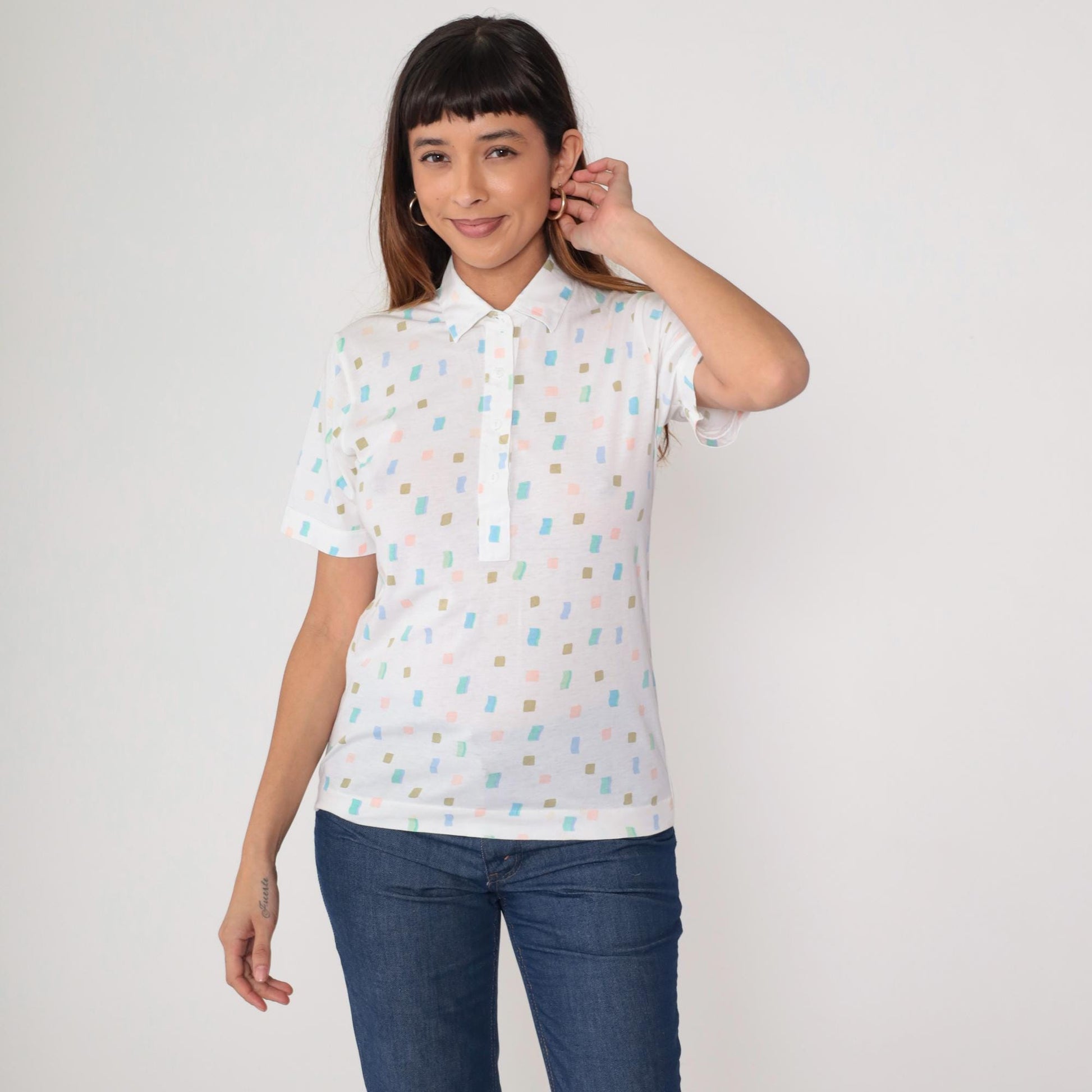 80s Leon Levin Polo Shirt White Geometric Pastel Collared Small S