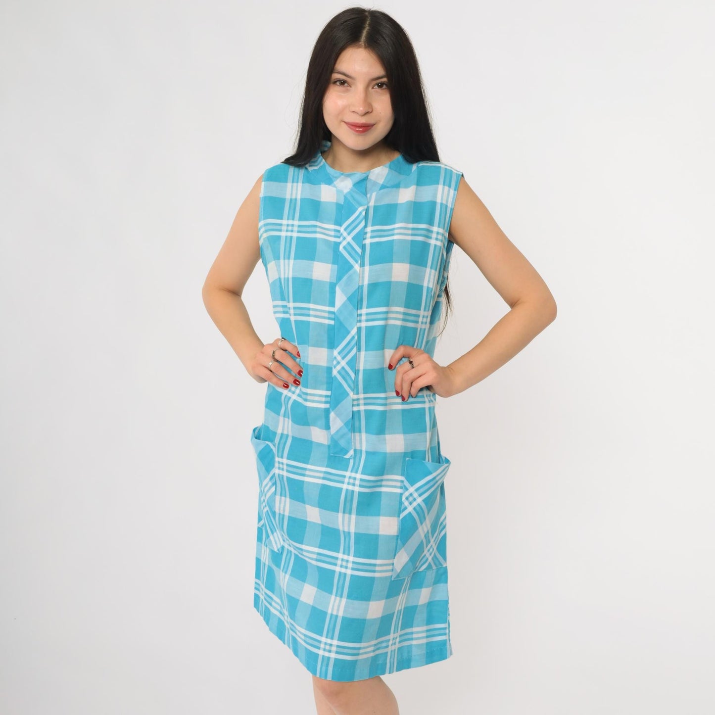 60s Carol Brent Plaid Shift Dress Aqua Blue White A-Line Large L