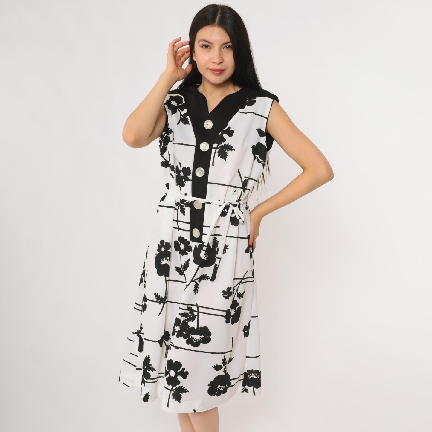 70s Prissy Black White Floral Botanical A-Line Dress Button Front Extra Large XL