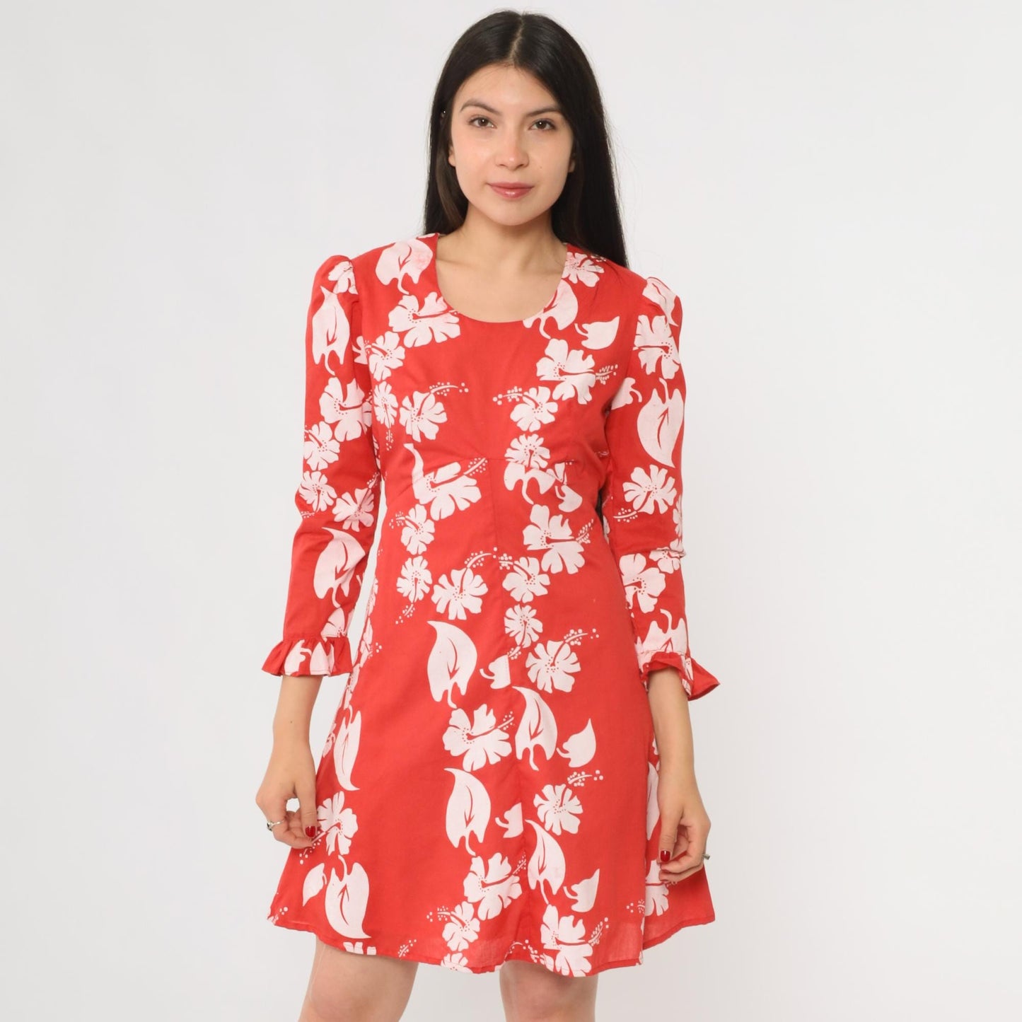 70s Hawaiian Hibiscus Floral Dress Red White Long Sleeve Ruffle Medium