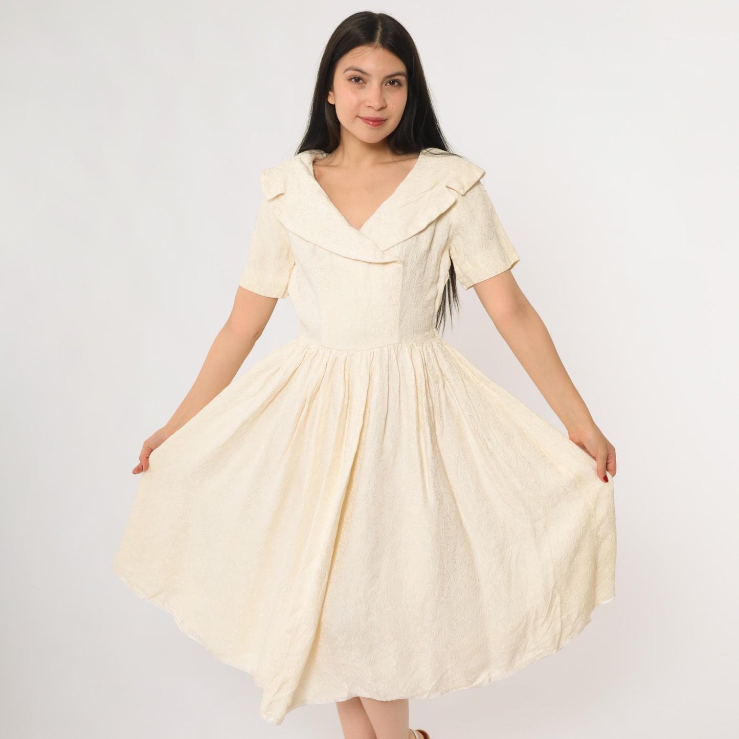 1950s Cream Sailor Collar Midi Dress Jacquard Small Medium