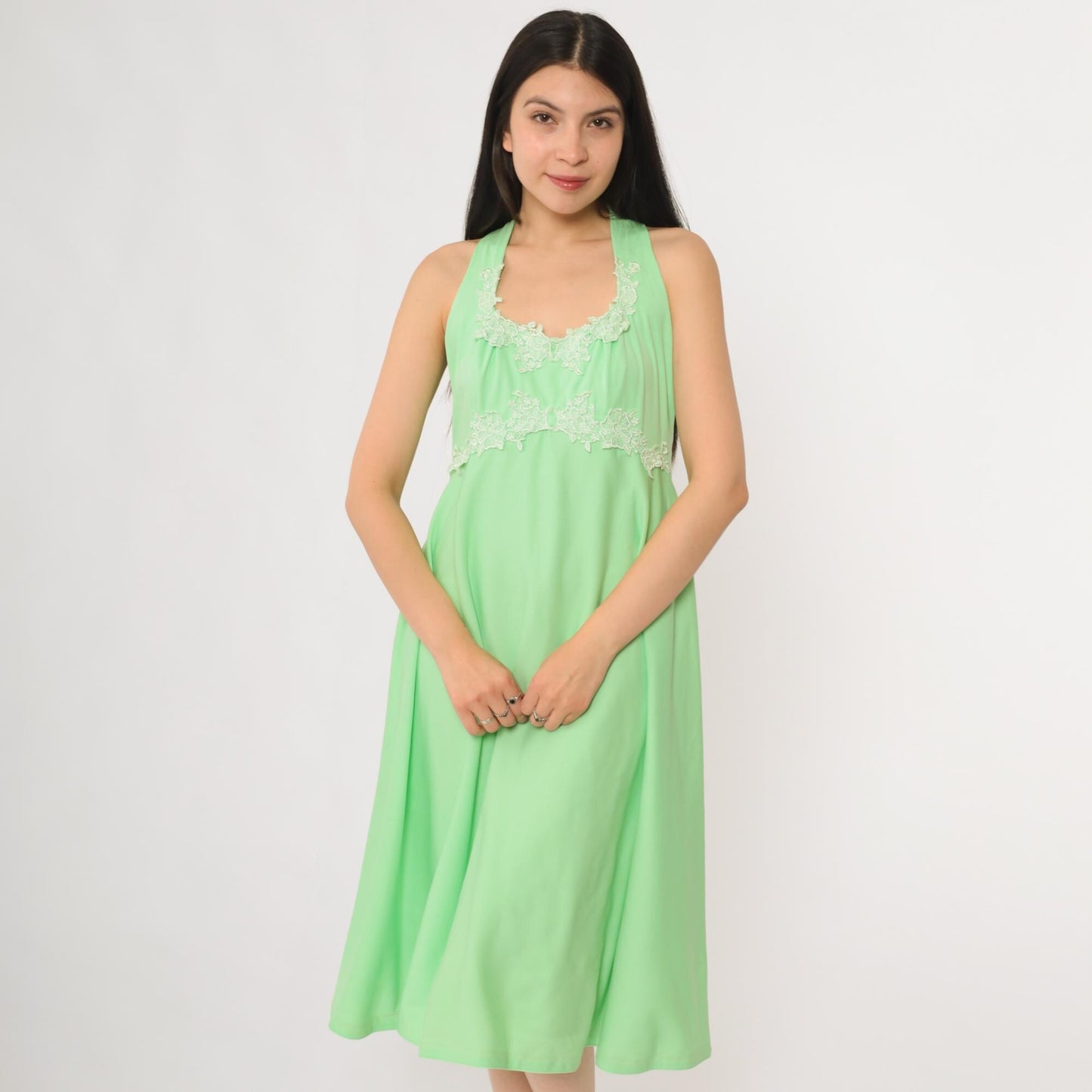70s Green Halter Midi Dress Floral Lace Trim Sleeveless Summer Medium