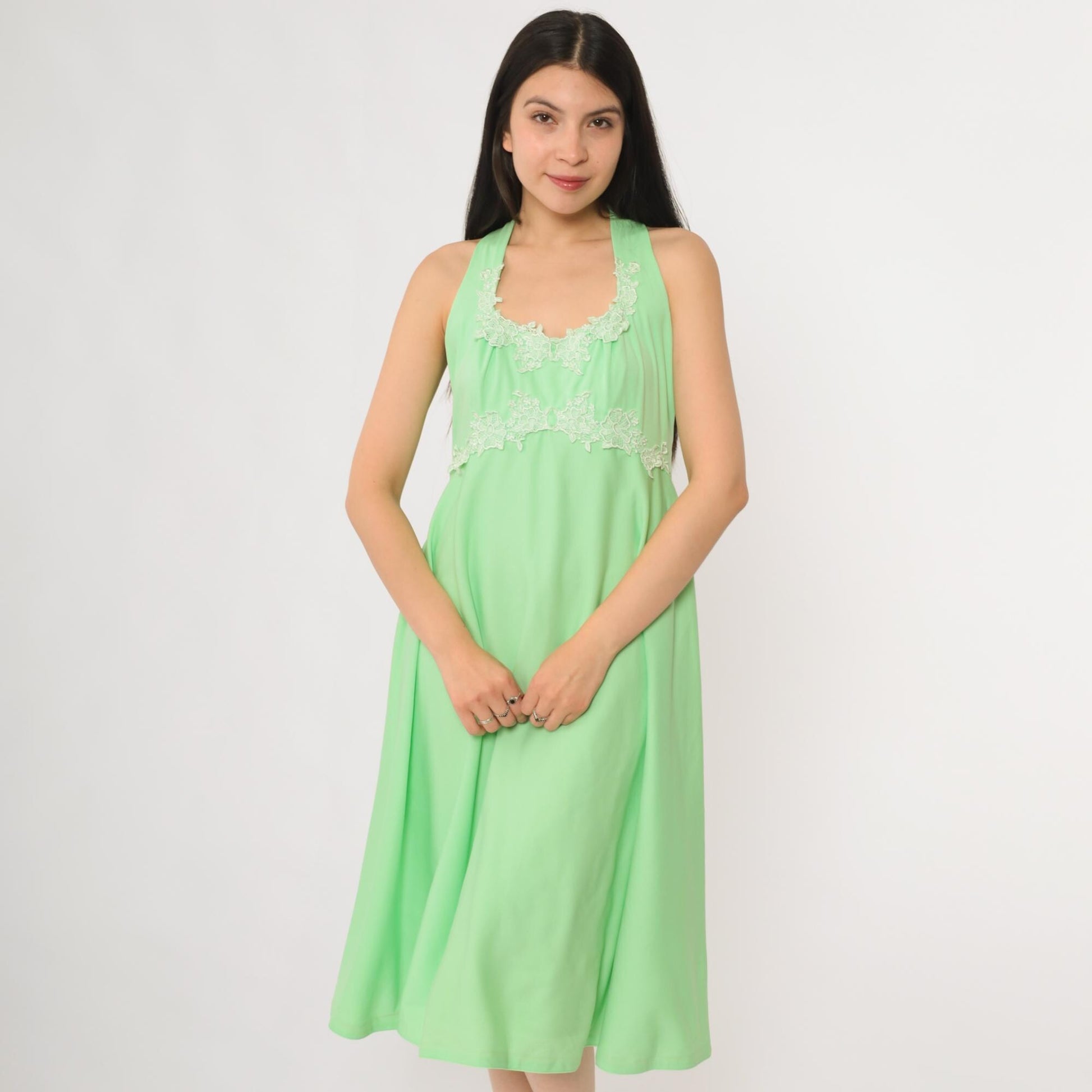 70s Green Halter Midi Dress Floral Lace Trim Sleeveless Summer Medium