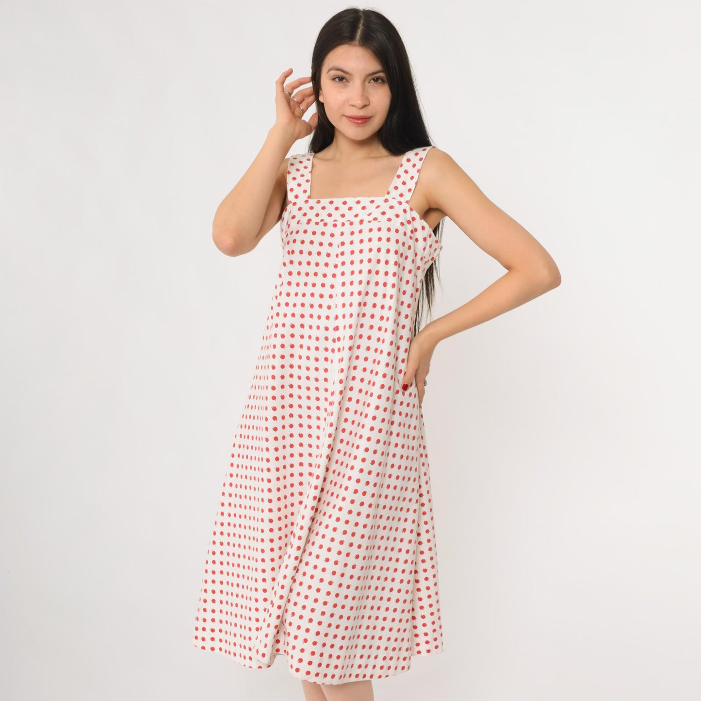 70s Apple Print Midi Dress White Red Novelty Fruit Sundress Small