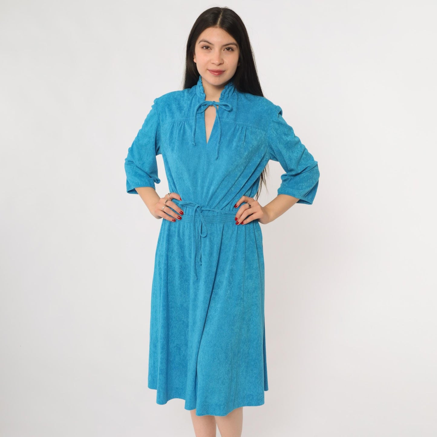 70s Blue Terrycloth Dress Ruffle Tie Front Keyhole Three Quarter Sleeve Midi Large L