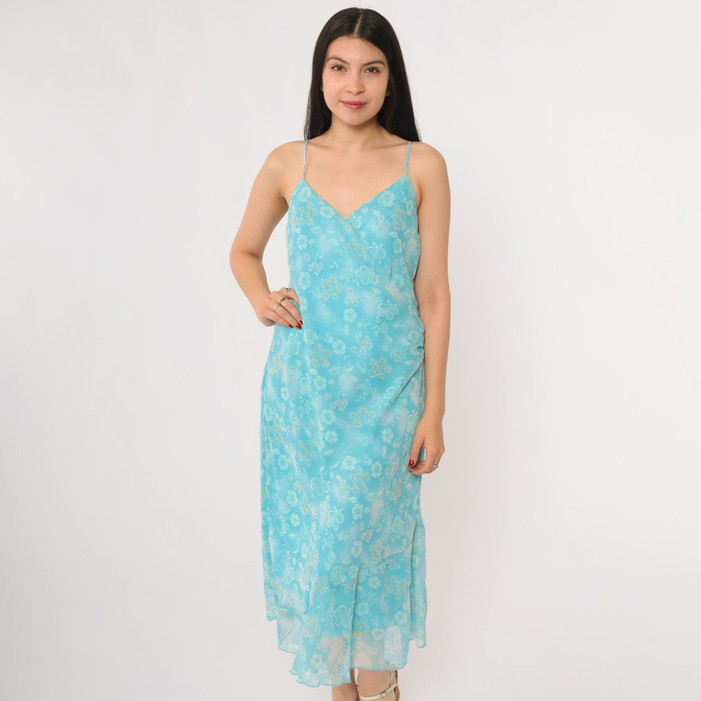 Y2K New York & Company Aqua Floral Slip Dress Midi Spaghetti Strap Large