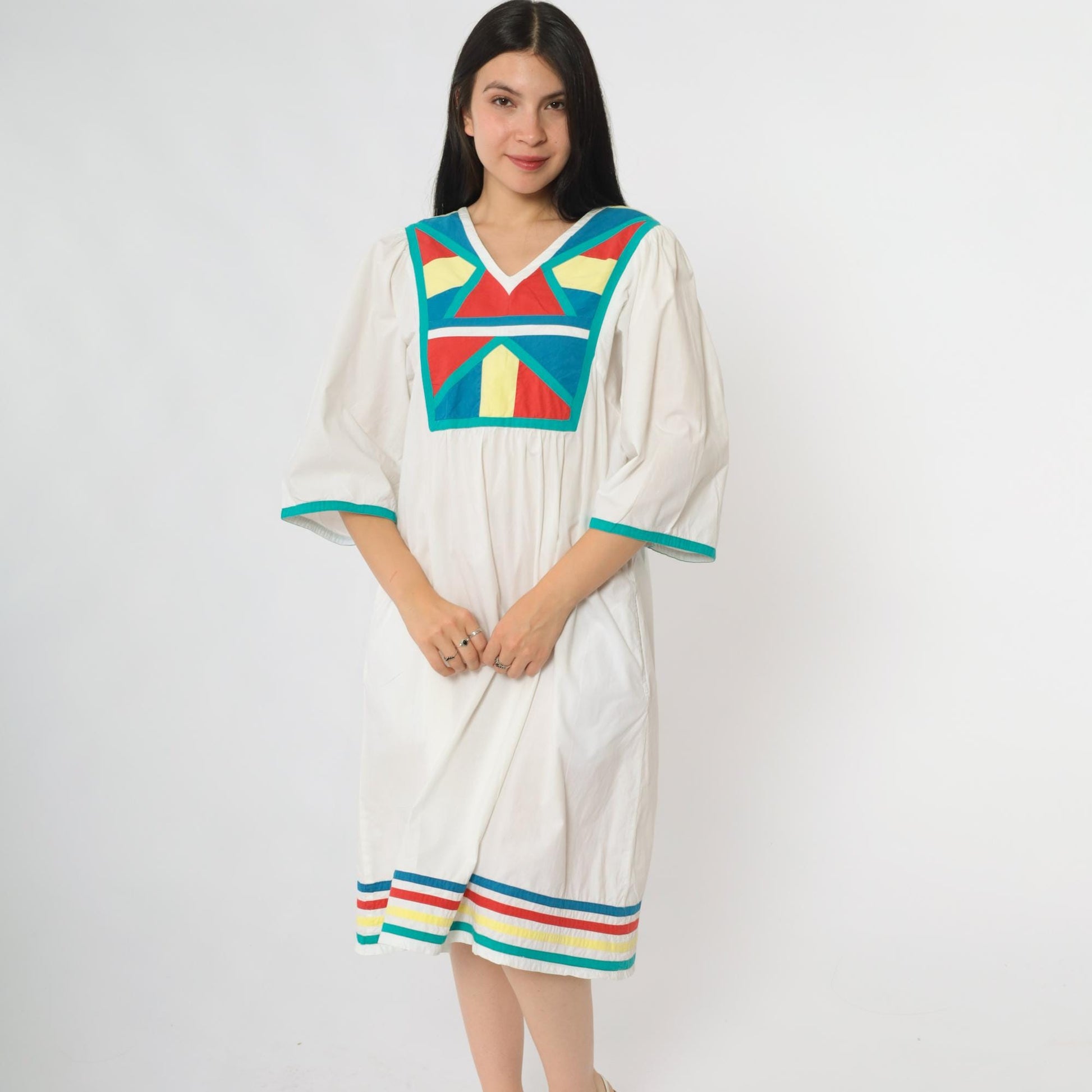 80s Foleys White Cotton Midi Dress Geometric Colorblock V-Neck Medium M
