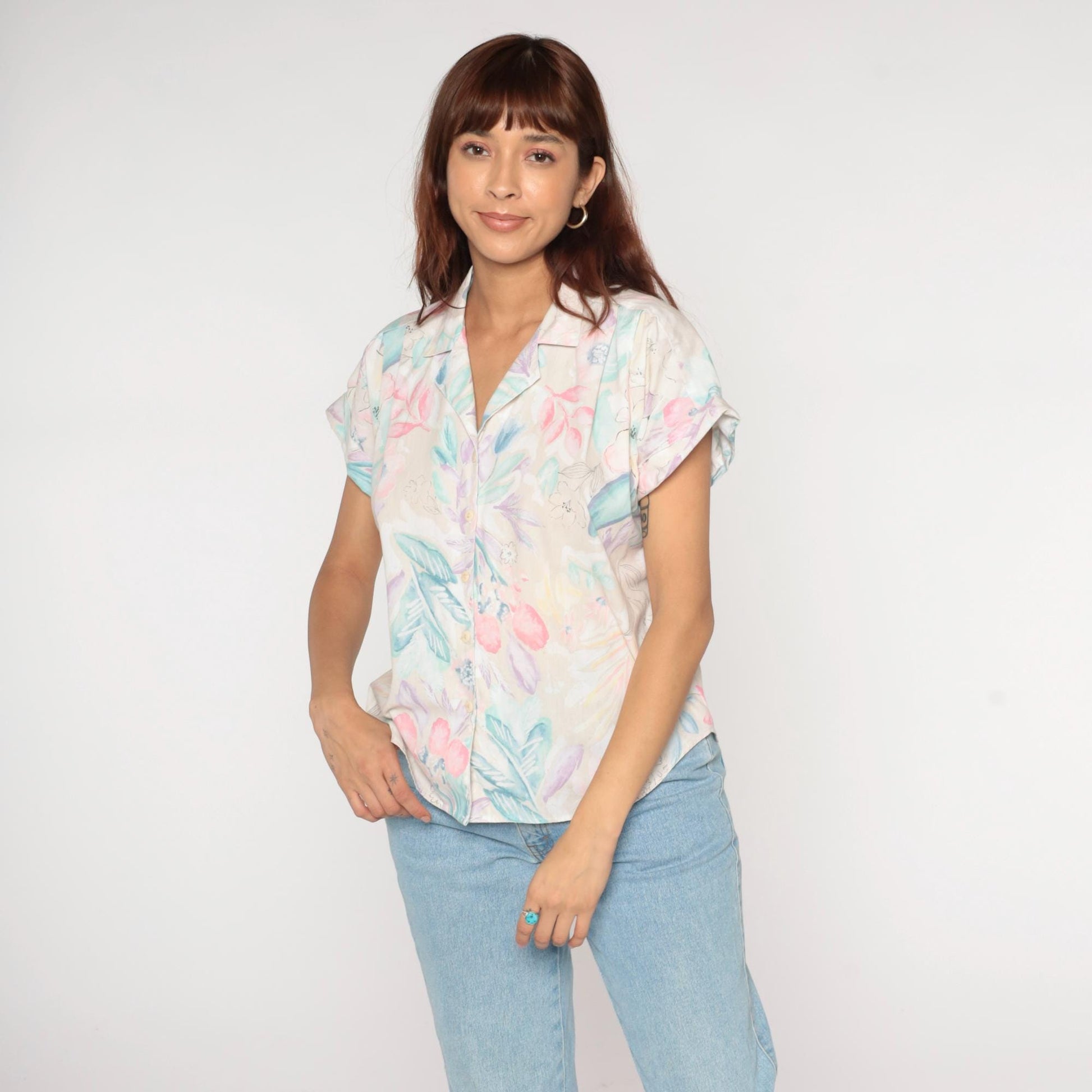 1990s Tapestry Pastel Floral Cotton Button-Up Shirt Short Sleeve Medium