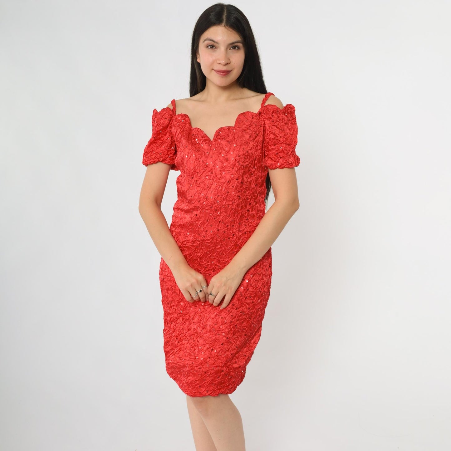 80s Zum Zum Red Sequin Cocktail Dress Off-Shoulder Sweetheart Small