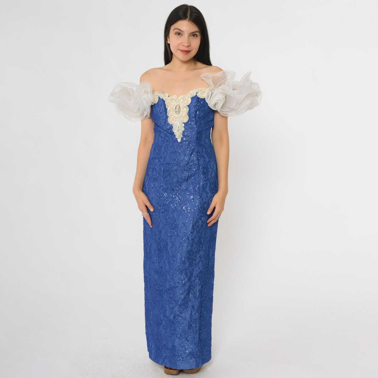 80s Royal Blue Lace Prom Gown Loralie Beaded Strapless Small