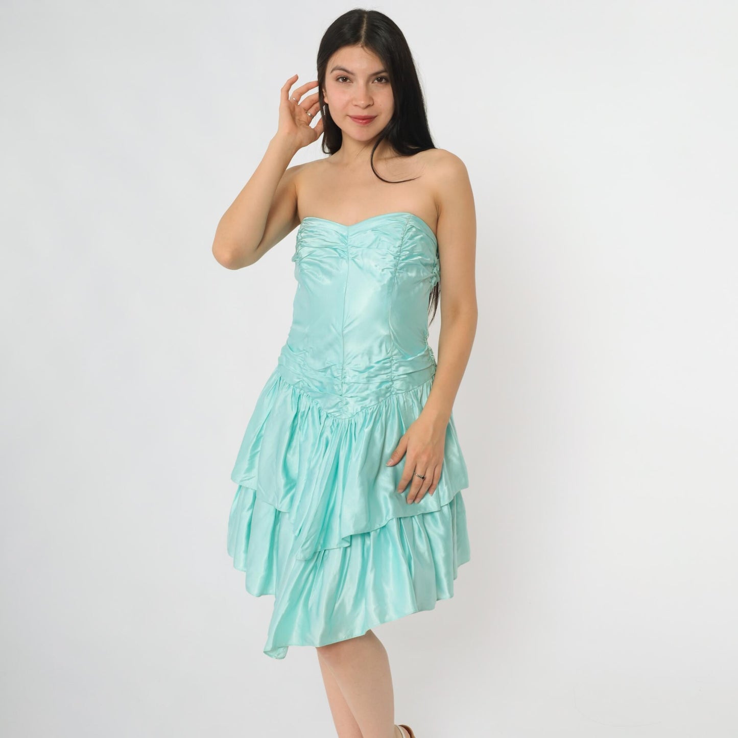 90s Roberta Mint Satin Strapless Mini Dress Tiered Ruffle Sweetheart Neckline Extra Small XS