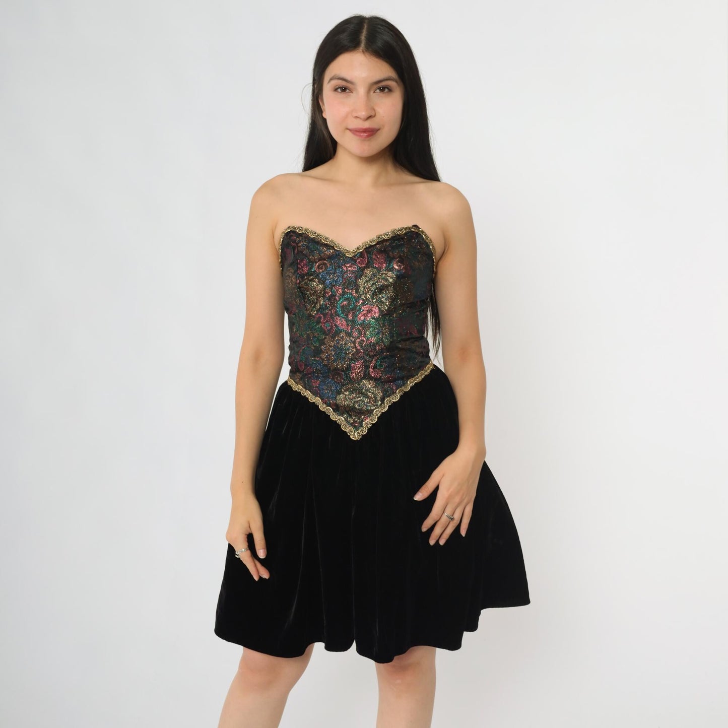 80s Zum Zum Black Mini Dress Brocade Bodice Gold Trim Sweetheart Small
