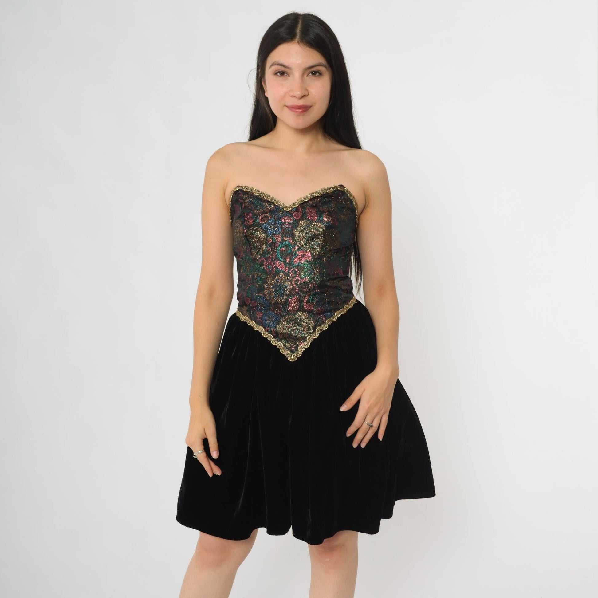 80s Zum Zum Black Mini Dress Brocade Bodice Gold Trim Sweetheart Small