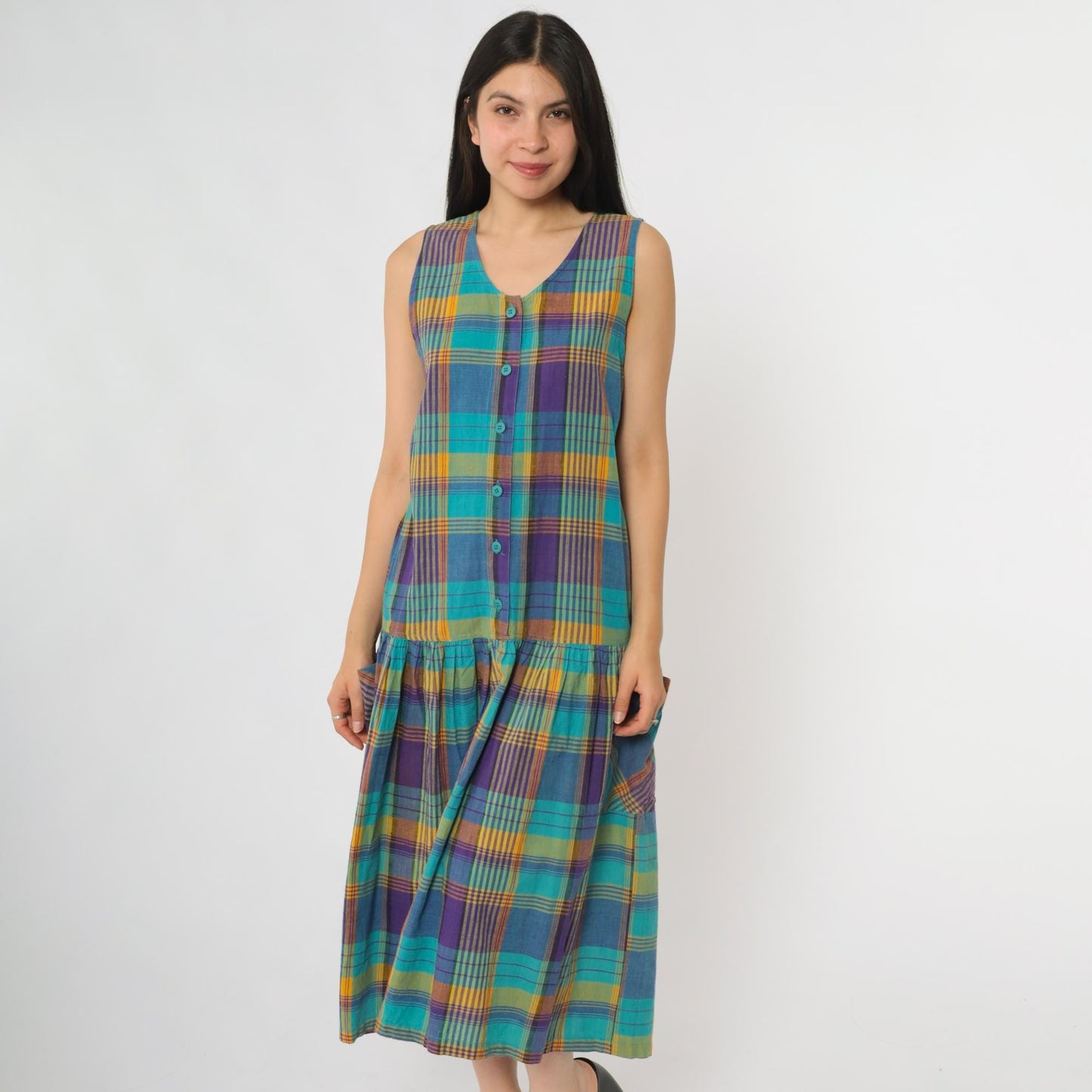 90s Honors Apparel Plaid Midi Dress Teal Purple Yellow Button Front Medium