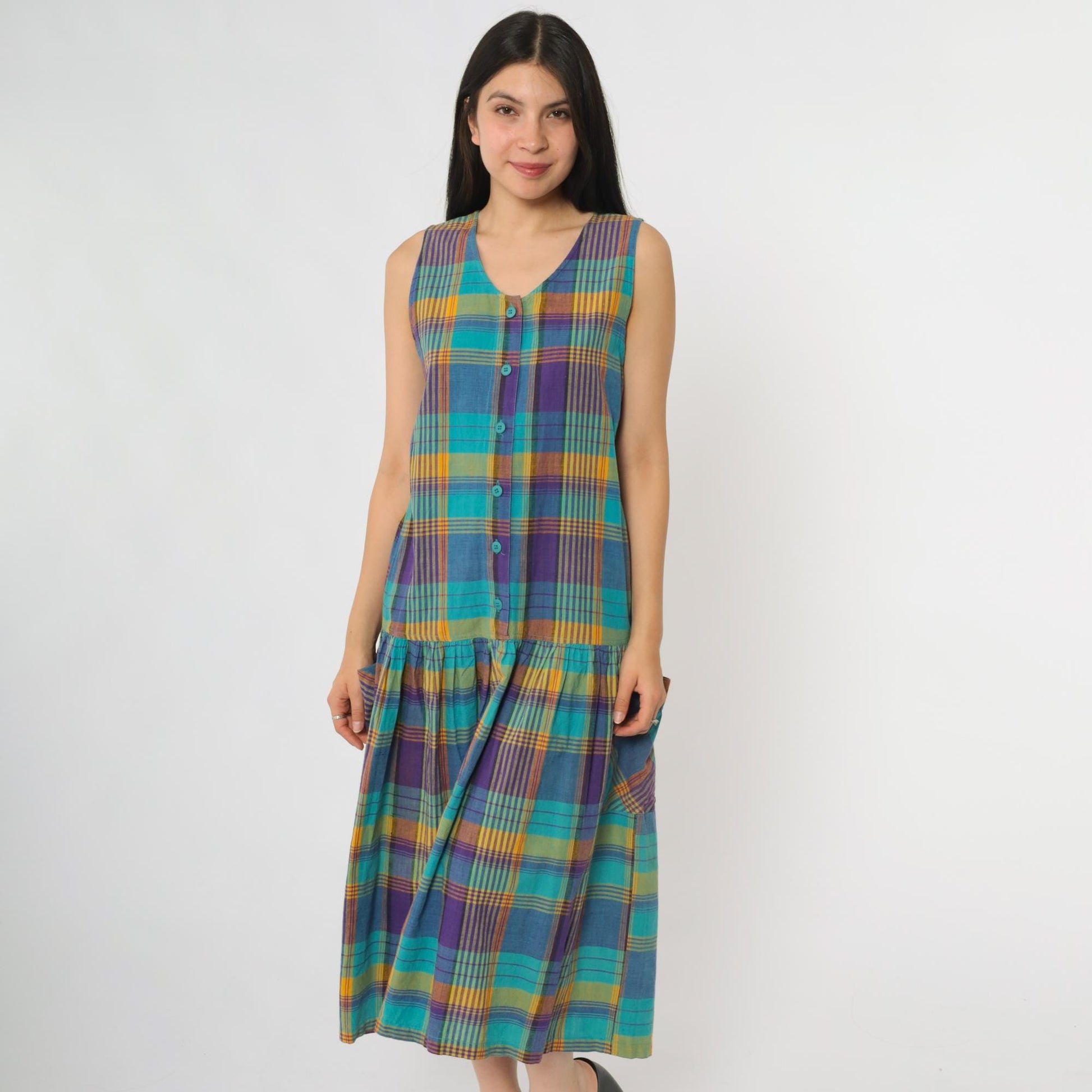 90s Honors Apparel Plaid Midi Dress Teal Purple Yellow Button Front Medium