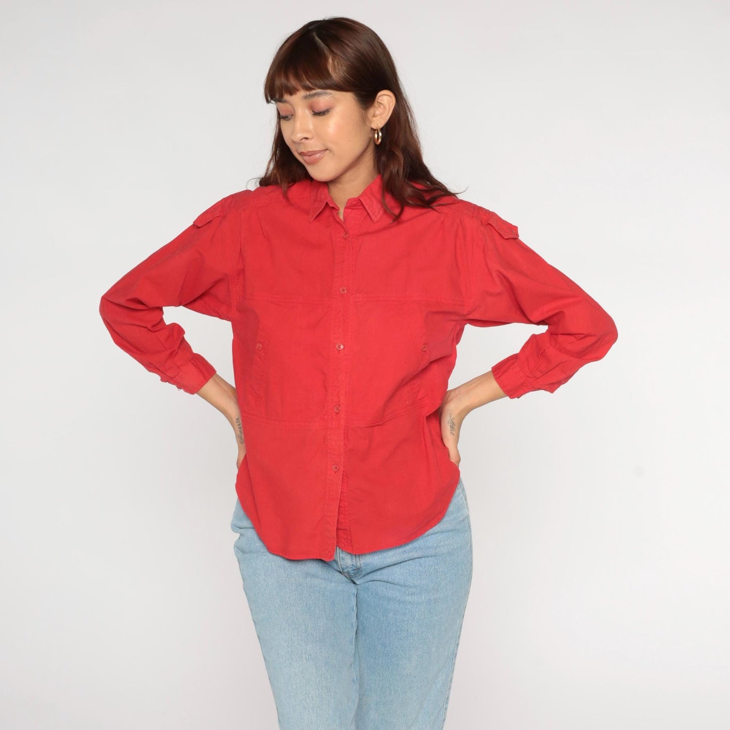 90s Jozell II Red Cotton Button-Up Shirt Shoulder Tabs Medium