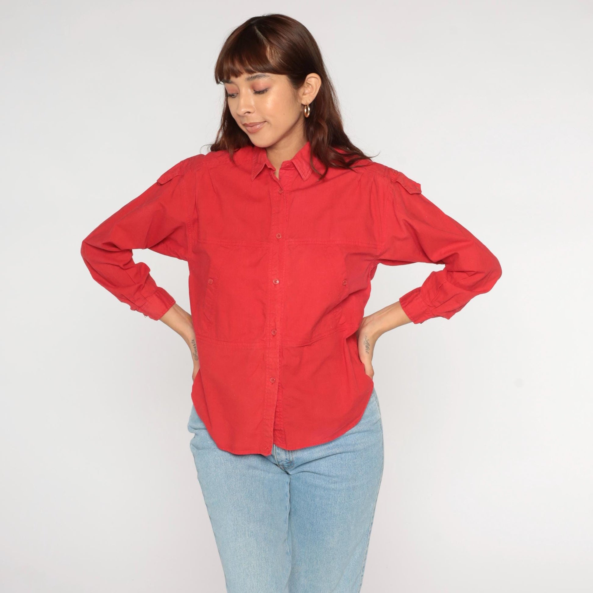 90s Jozell II Red Cotton Button-Up Shirt Shoulder Tabs Medium