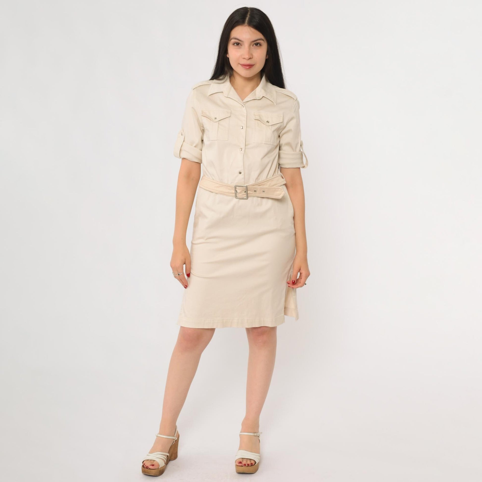 90s Safari Shirt Dress Beige Belted Utility Pockets Collared Midi Petite 8
